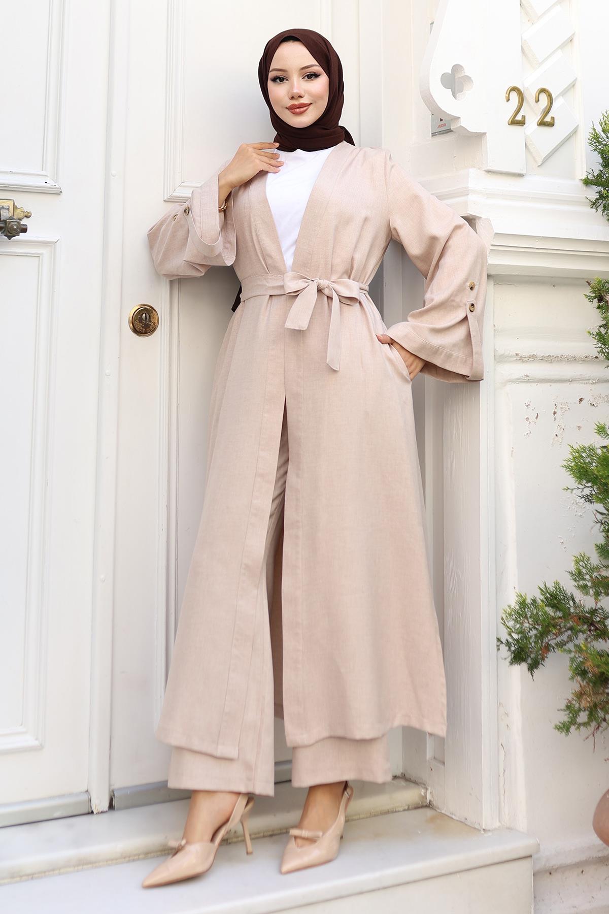 Apolet Detaylı Kimono Takım Bej 19253