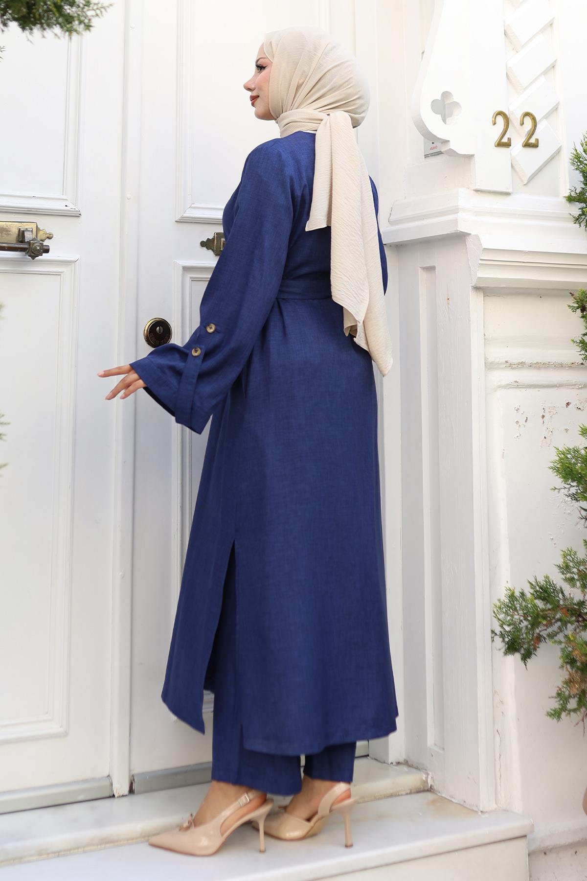 Apolet Detaylı Kimono Takım İndigo 19253