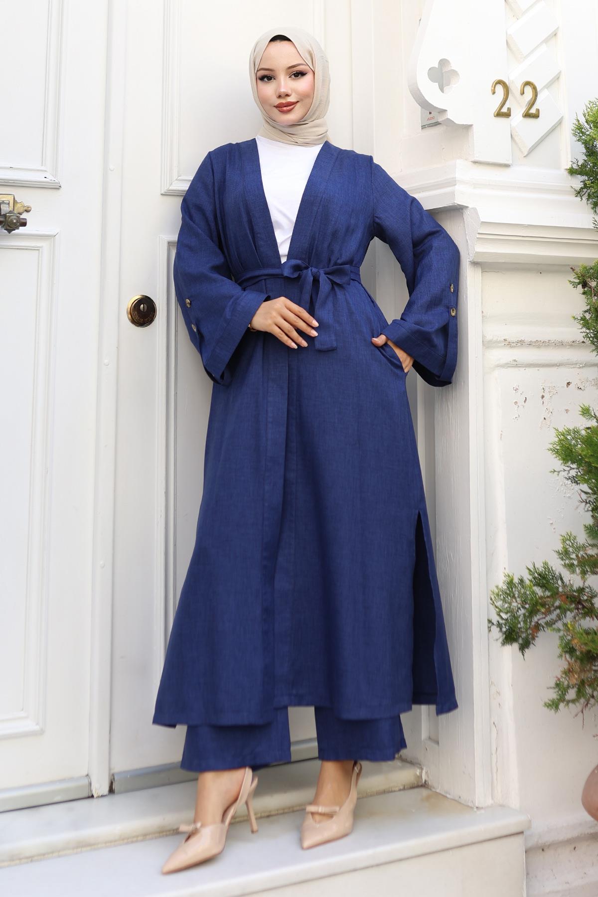 Apolet Detaylı Kimono Takım İndigo 19253