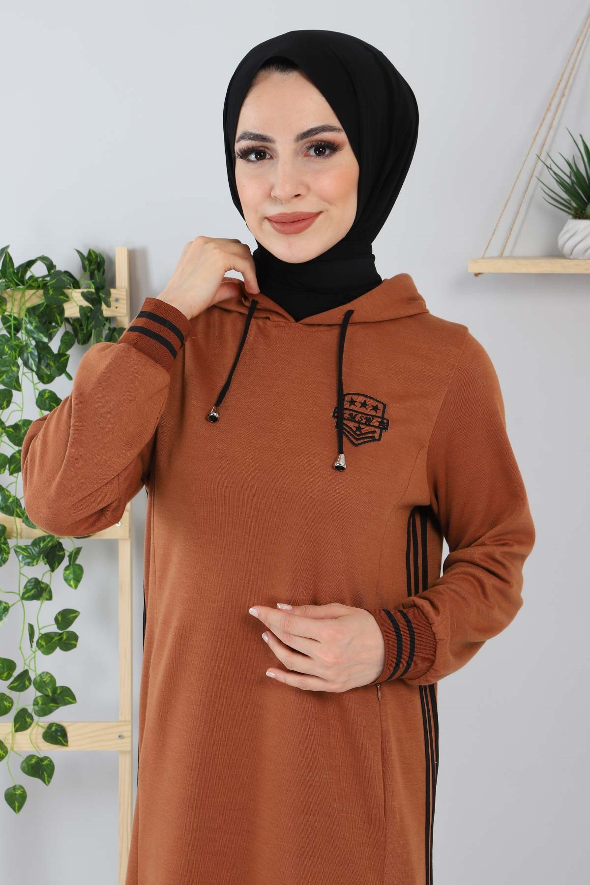 Armalı Çizgili Elbise Taba 12100