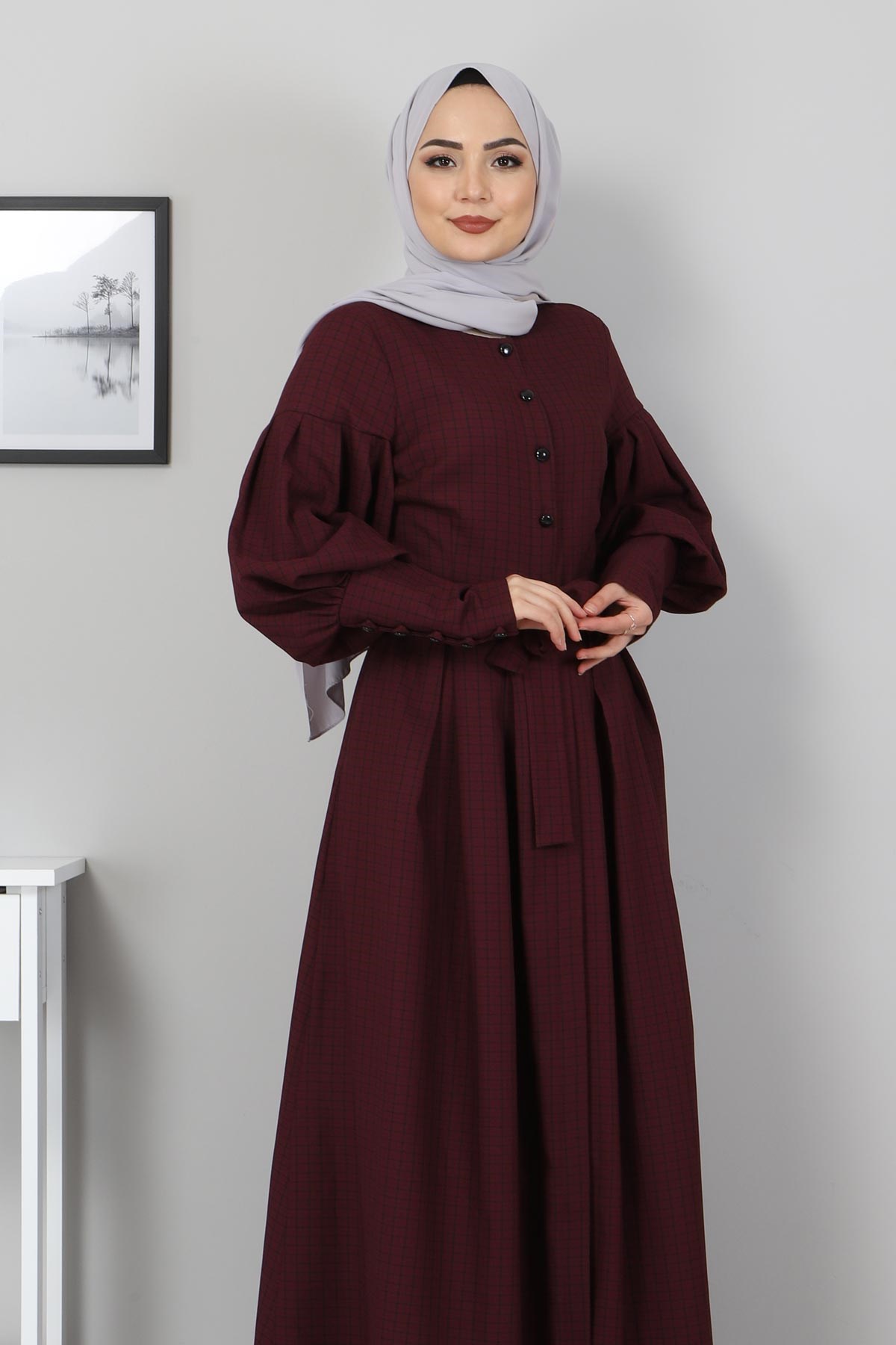 Balon Kol Detay Tesettür Elbise Mürdüm Mürdüm 9921-12