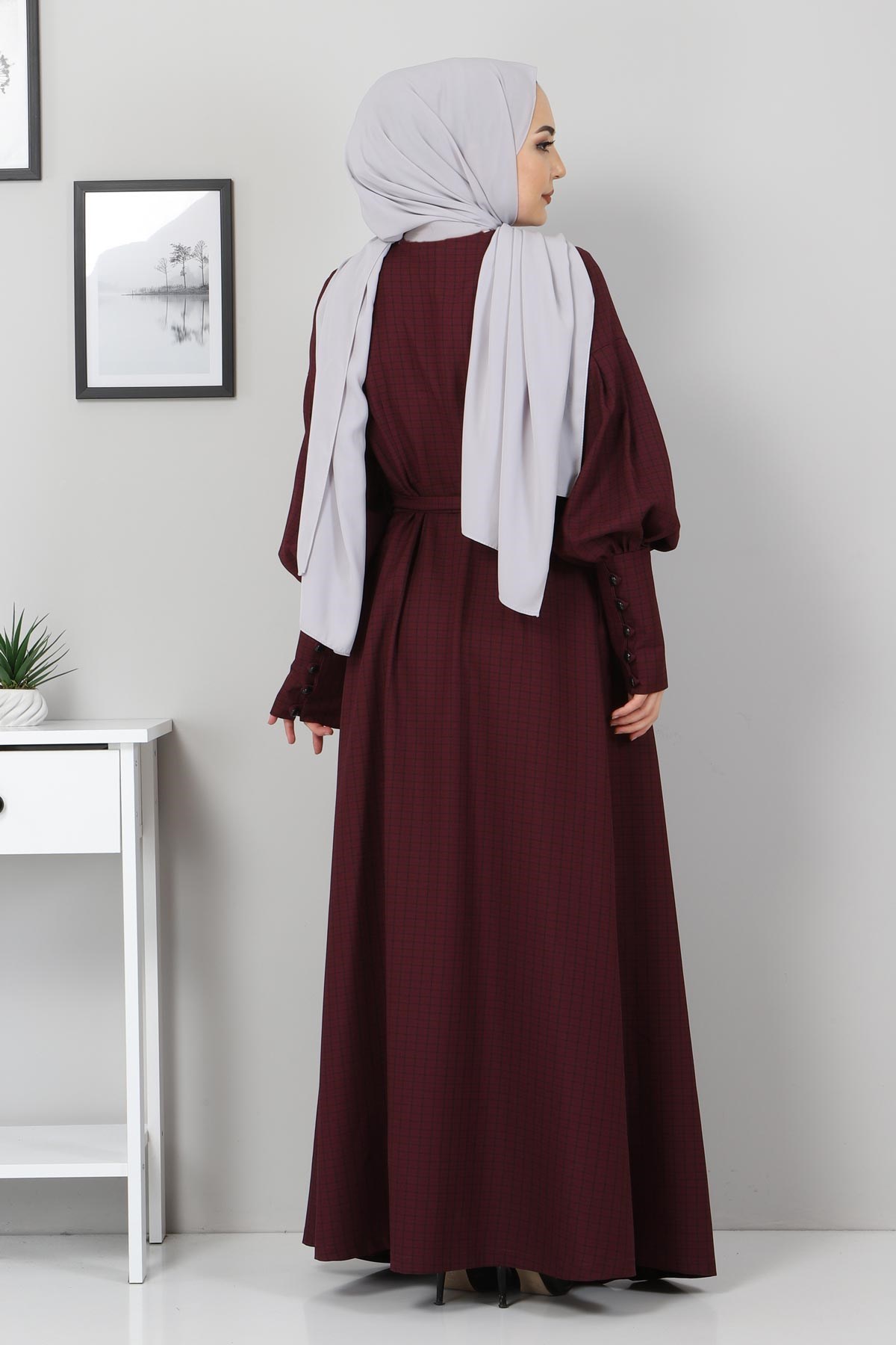 Balon Kol Detay Tesettür Elbise Mürdüm Mürdüm 9921-12