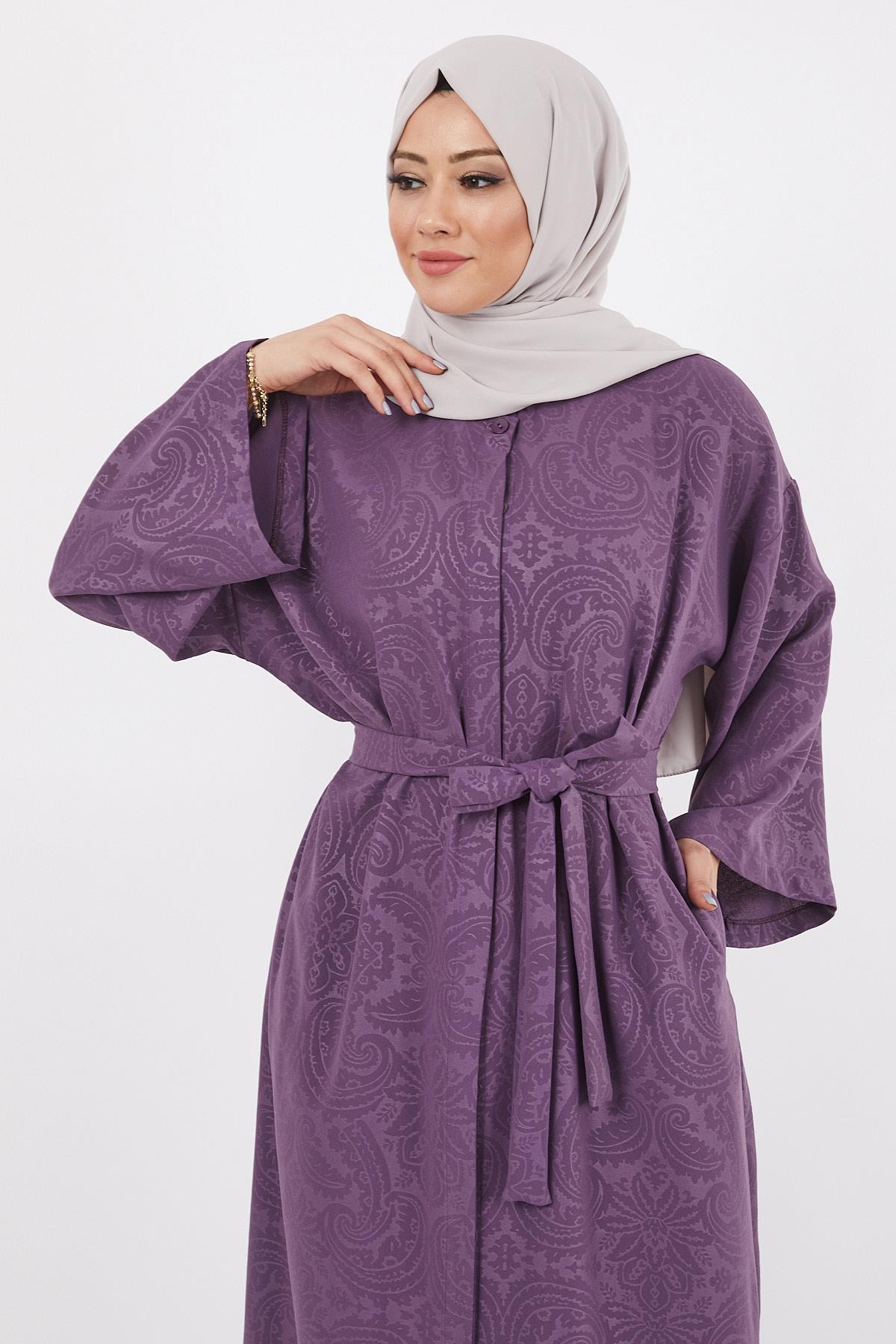 Baskılı Kemerli Ferace Mor 12234