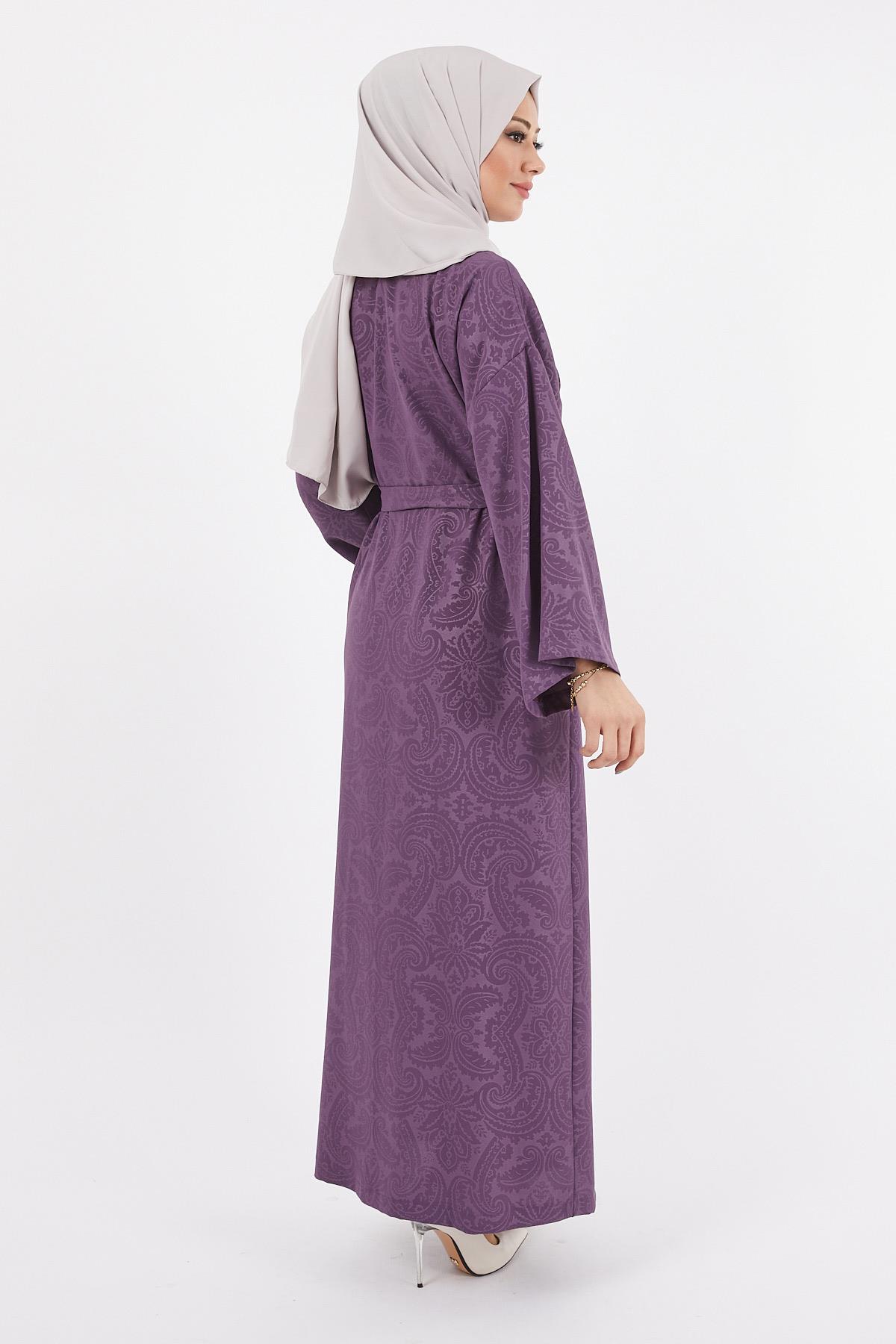 Baskılı Kemerli Ferace Mor 12234