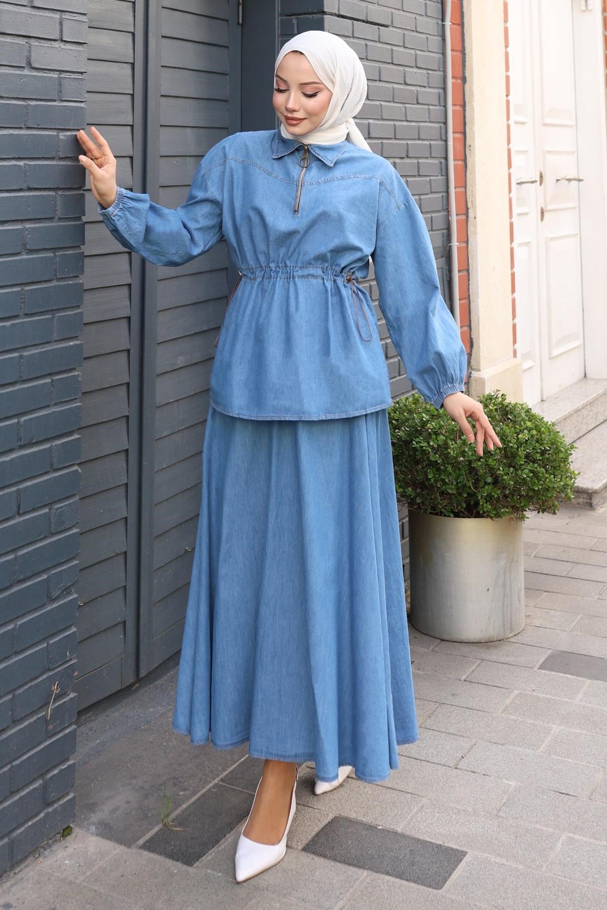 Beli Bağcık Detaylı Etekli Kot Takım Açık Mavi 19198