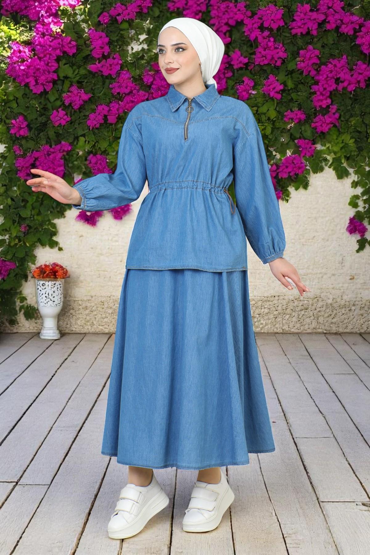 Beli Bağcık Detaylı Etekli Kot Takım Açık Mavi 19198