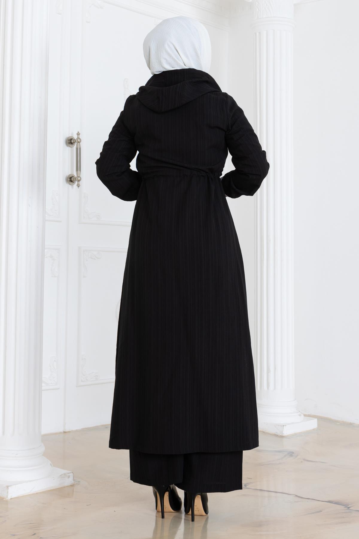 Beli Bağcıklı Kapşonlu Takım Siyah 19236