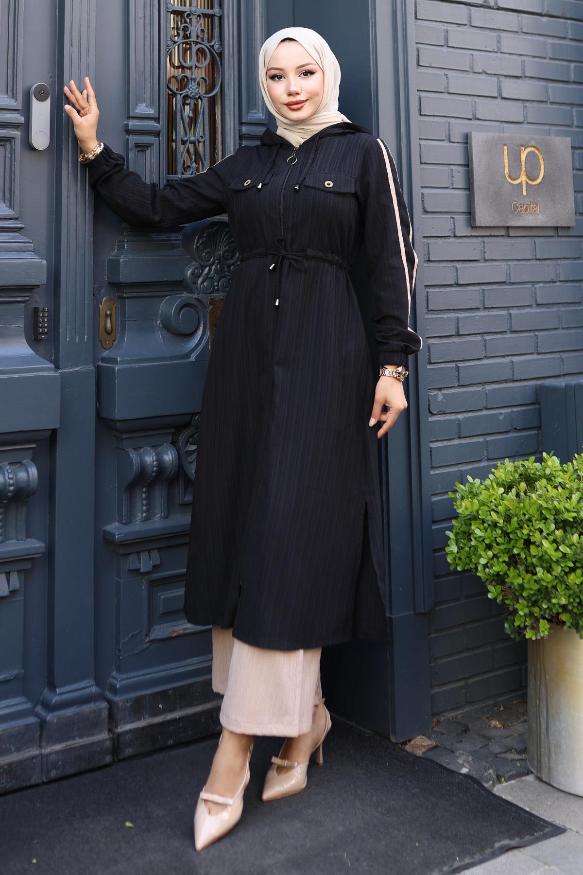 Beli Bağcıklı Kapşonlu Takım Siyah 19241