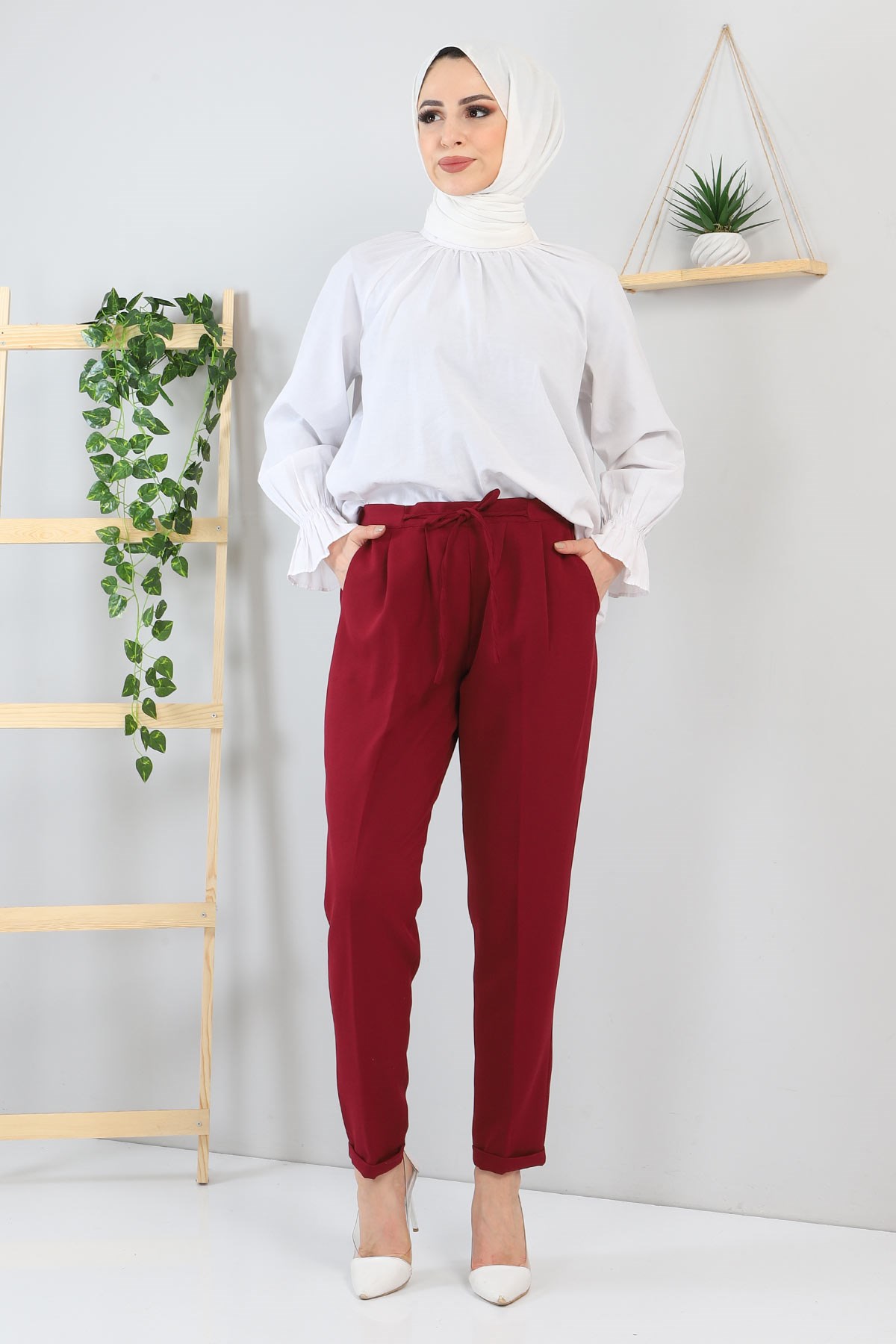 Beli Bağcıklı Kumaş Pantolon Bordo 10654