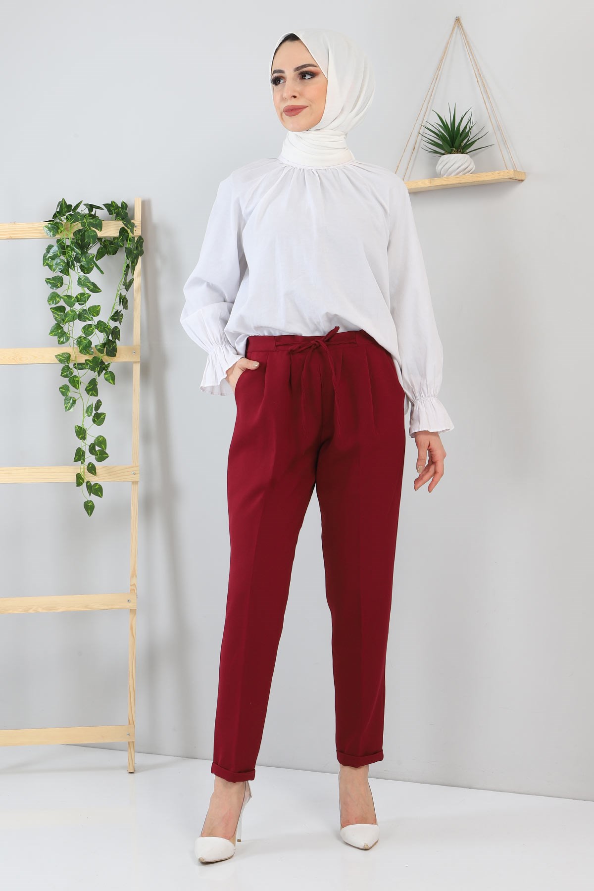 Beli Bağcıklı Kumaş Pantolon Bordo 10654