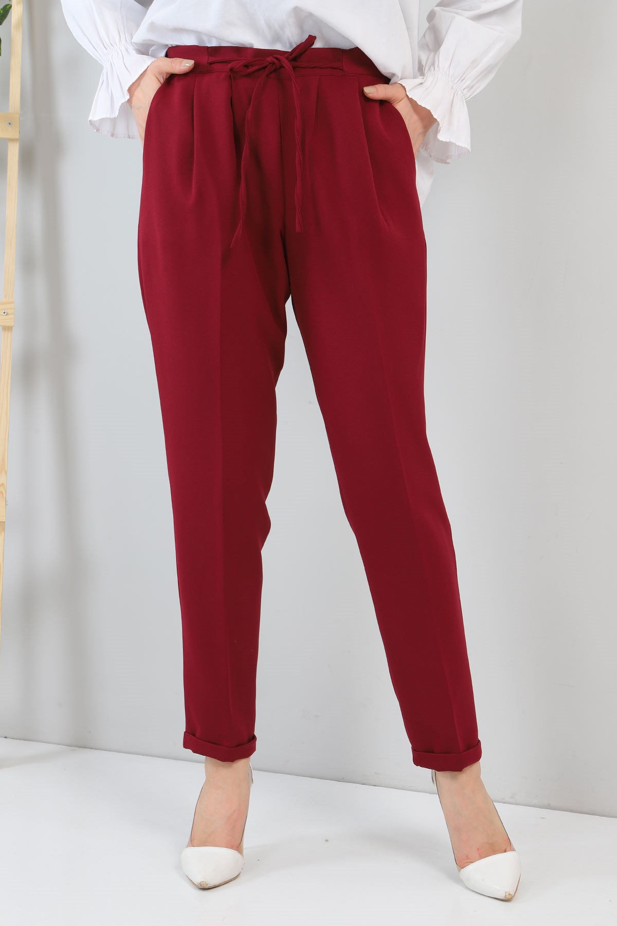 Beli Bağcıklı Kumaş Pantolon Bordo 10654