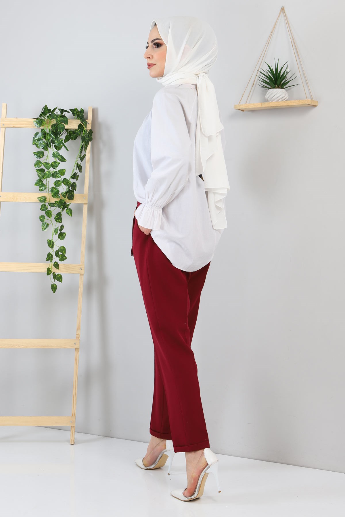 Beli Bağcıklı Kumaş Pantolon Bordo 10654