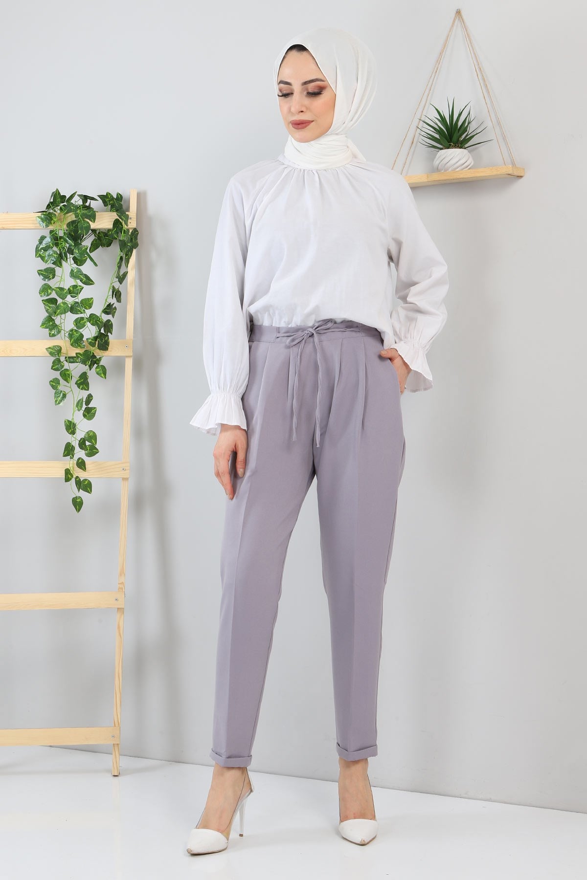 Beli Bağcıklı Kumaş Pantolon Gri 10654