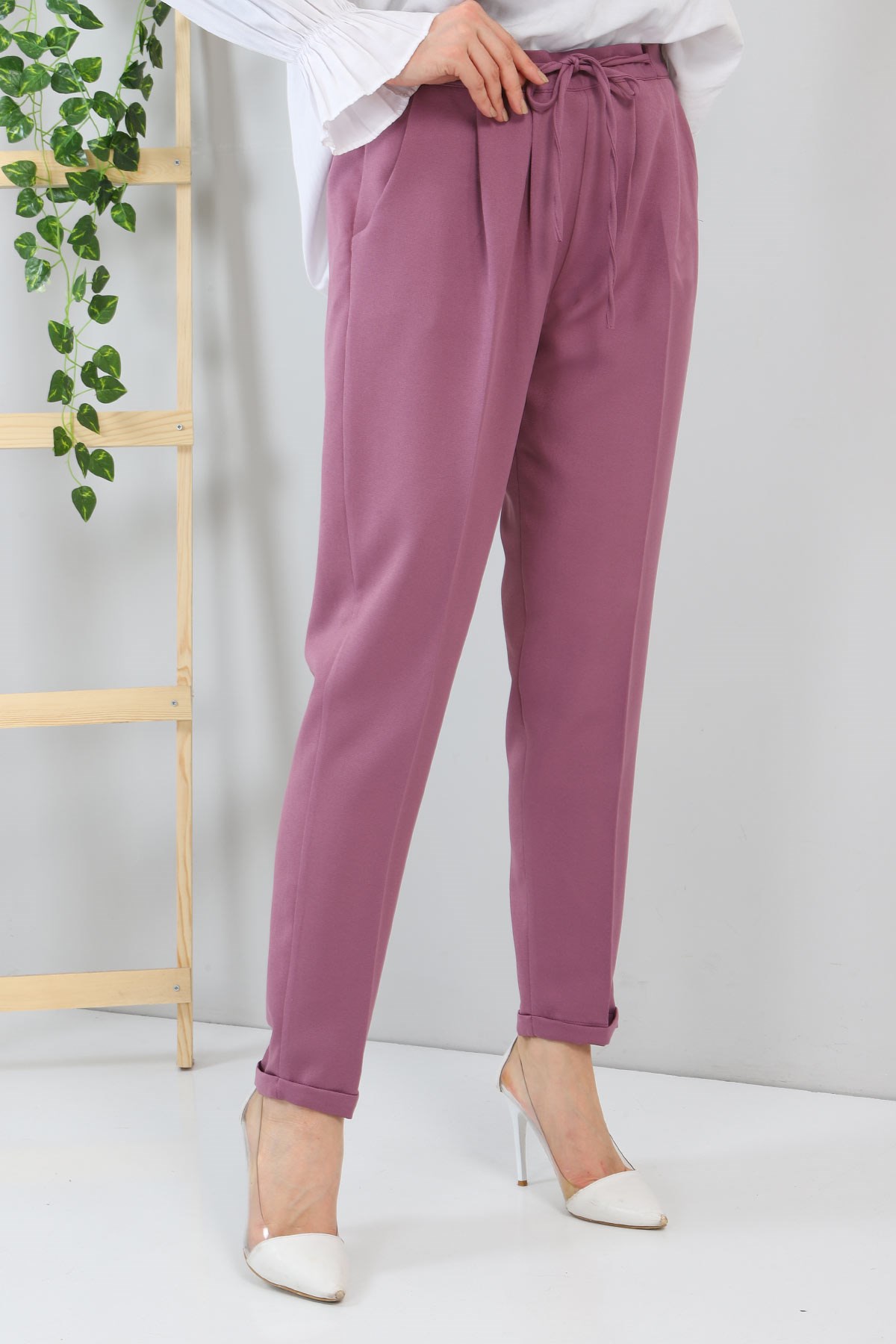 Beli Bağcıklı Kumaş Pantolon Gül Kurusu 10654