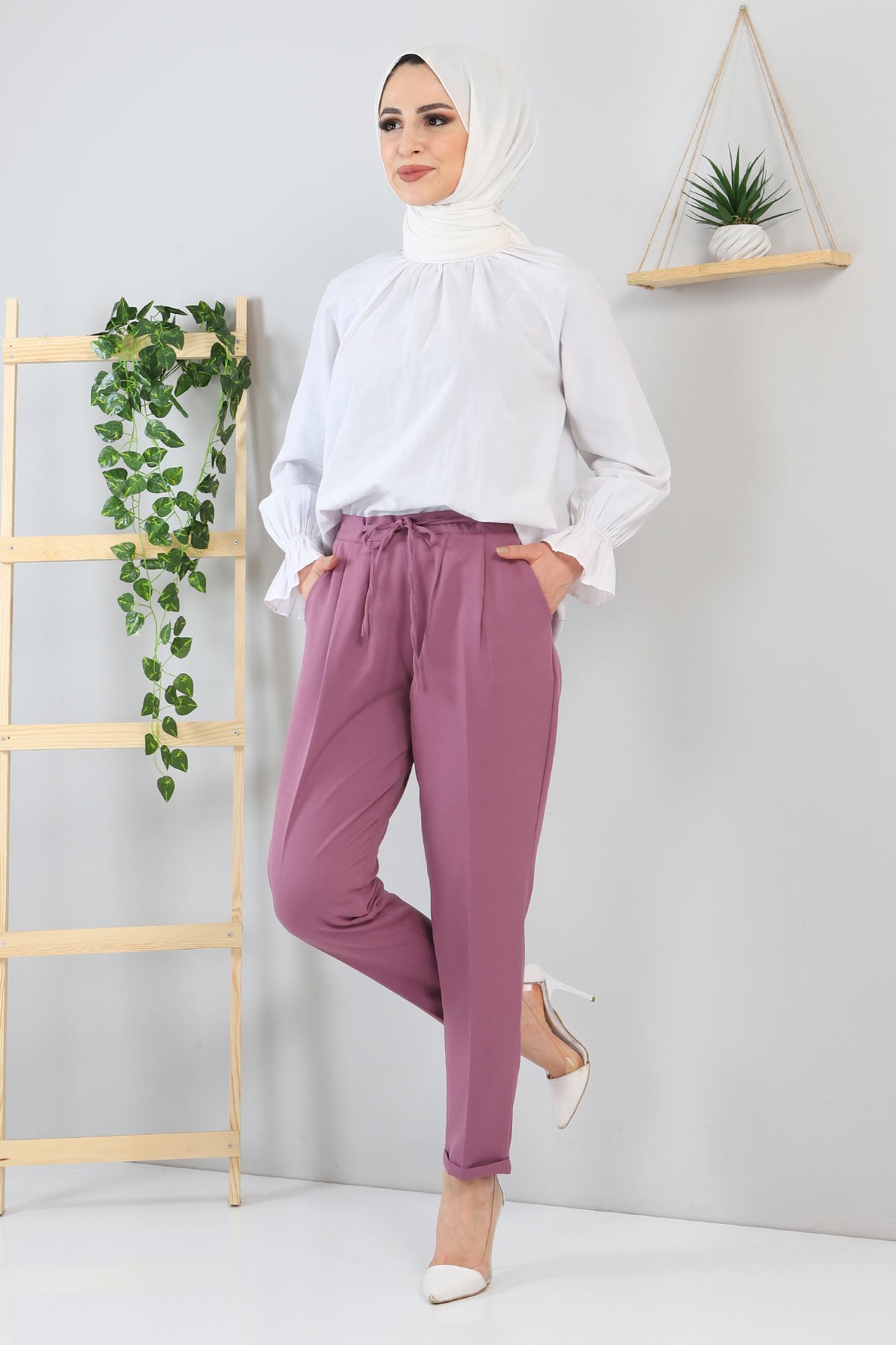 Beli Bağcıklı Kumaş Pantolon Gül Kurusu 10654