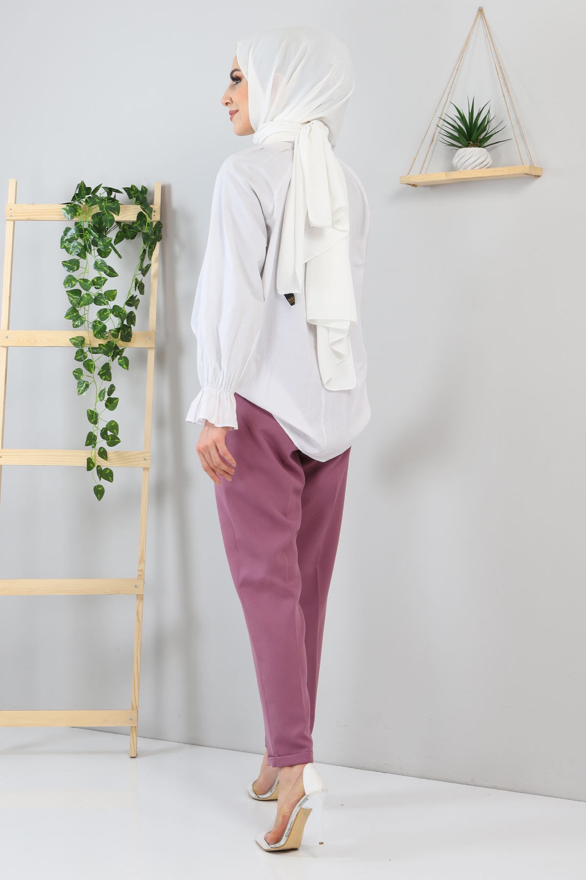 Beli Bağcıklı Kumaş Pantolon Gül Kurusu 10654
