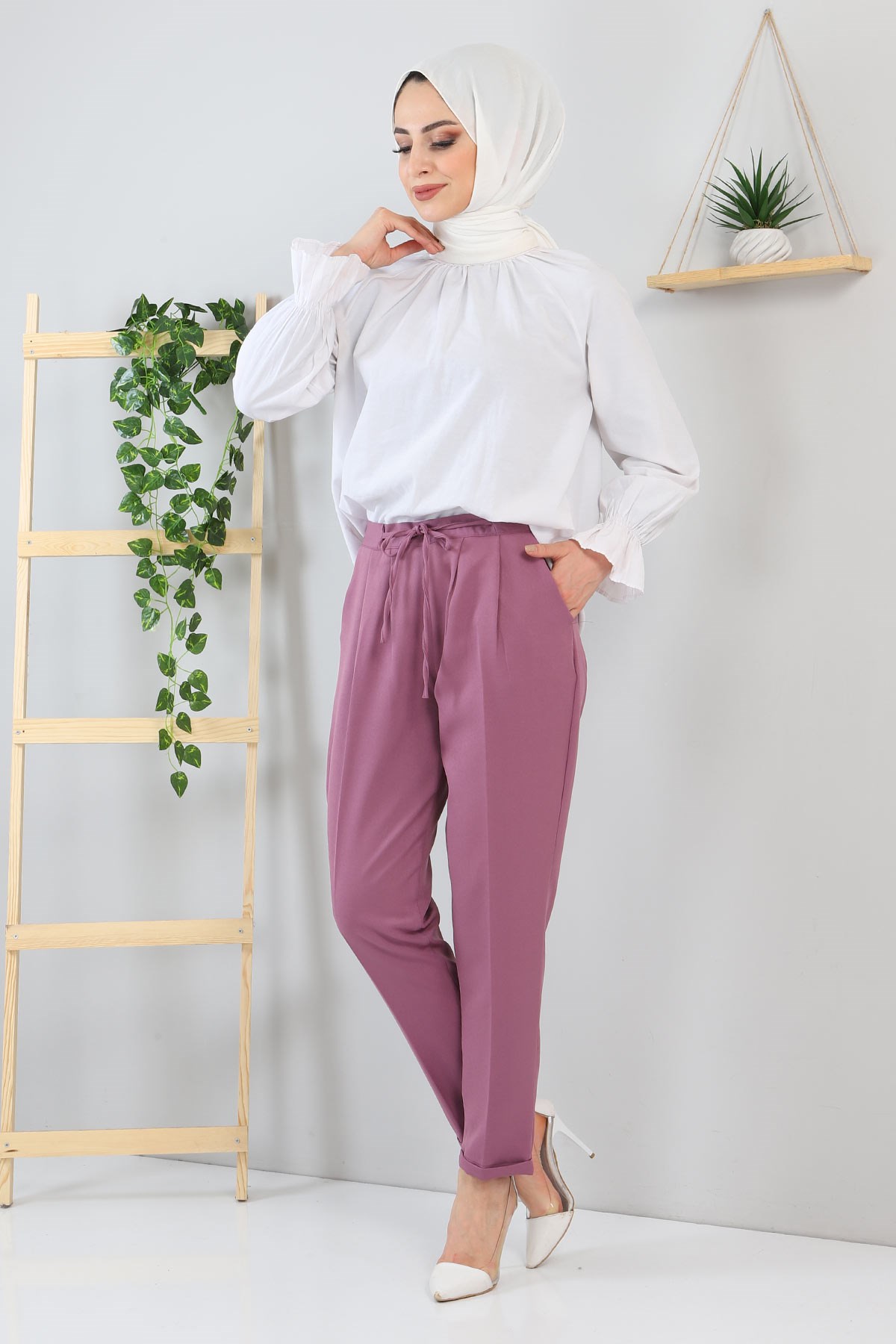 Beli Bağcıklı Kumaş Pantolon Gül Kurusu 10654