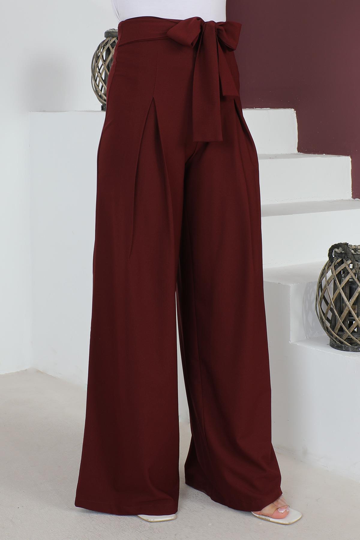 Beli Kuşak Detaylı Pantolon Mürdüm 6077