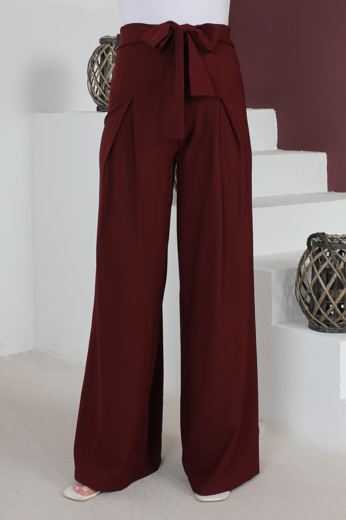 Beli Kuşak Detaylı Pantolon Mürdüm 6077