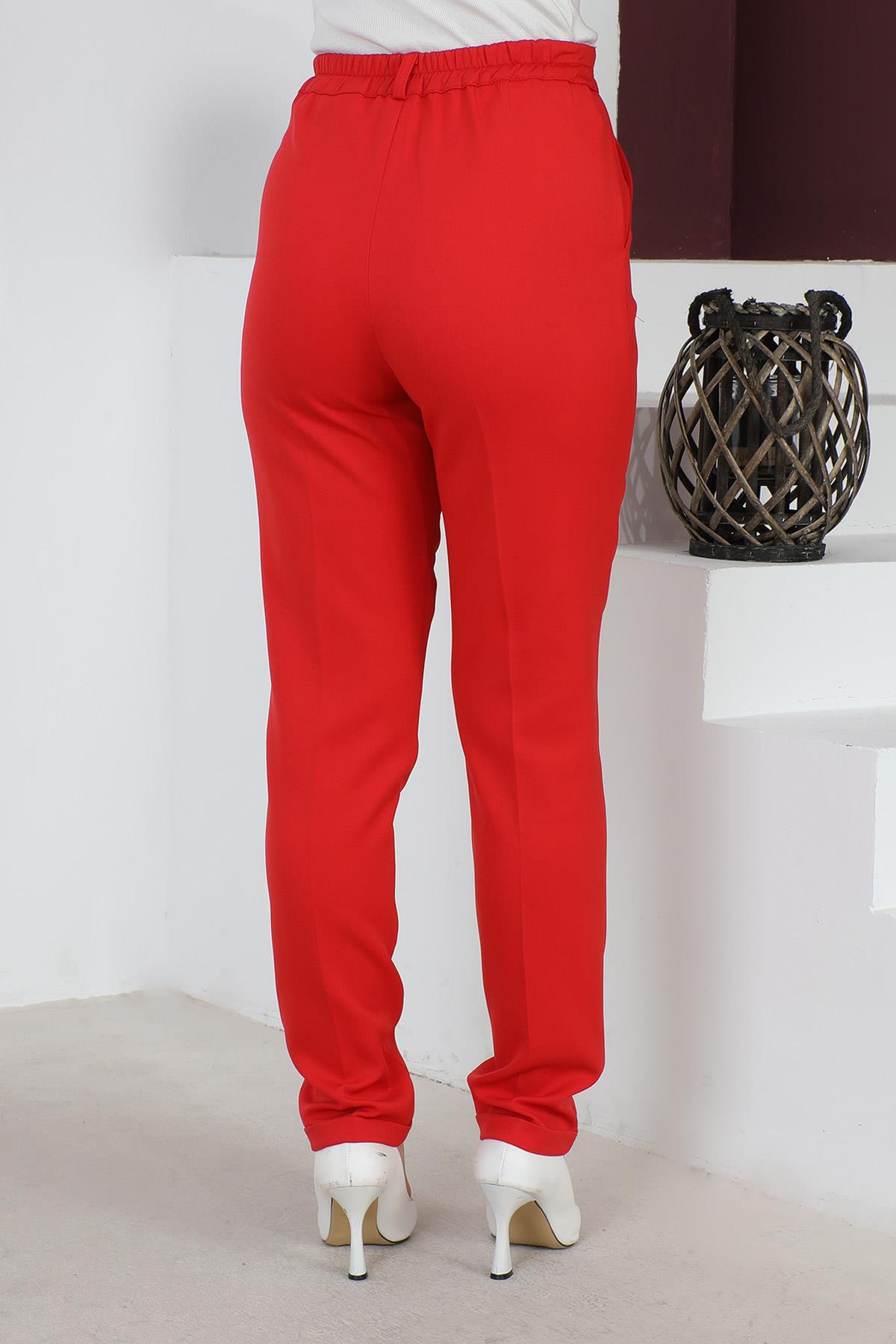 Beli Lastikli Bol Paça Pantolon Kırmızı 6080