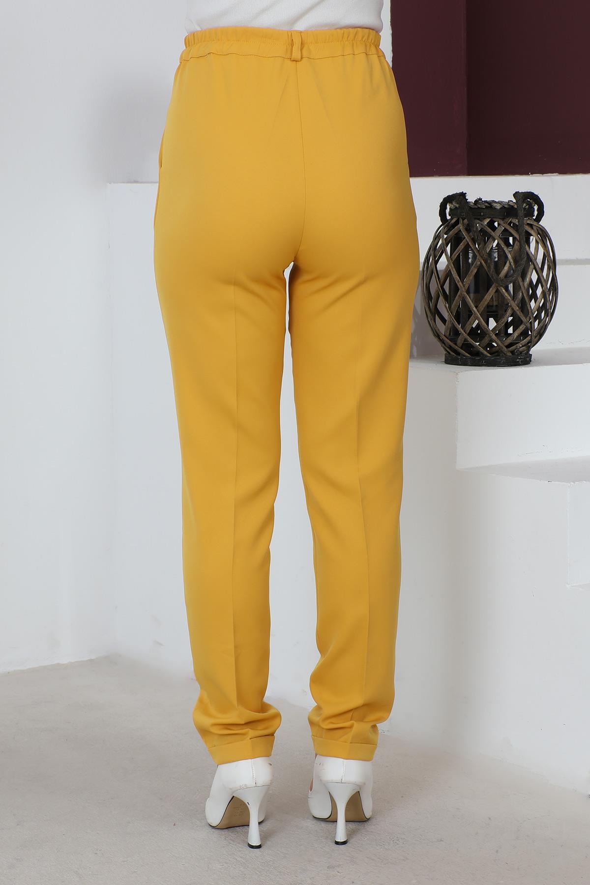 Beli Lastikli Bol Paça Pantolon Sarı 6080