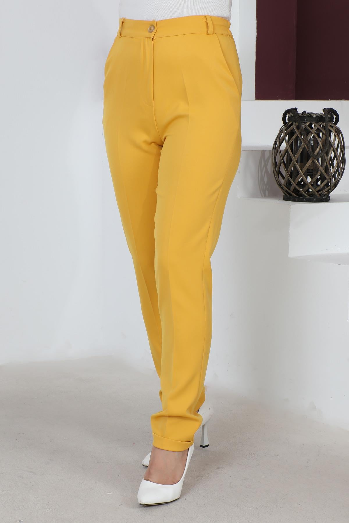 Beli Lastikli Bol Paça Pantolon Sarı 6080