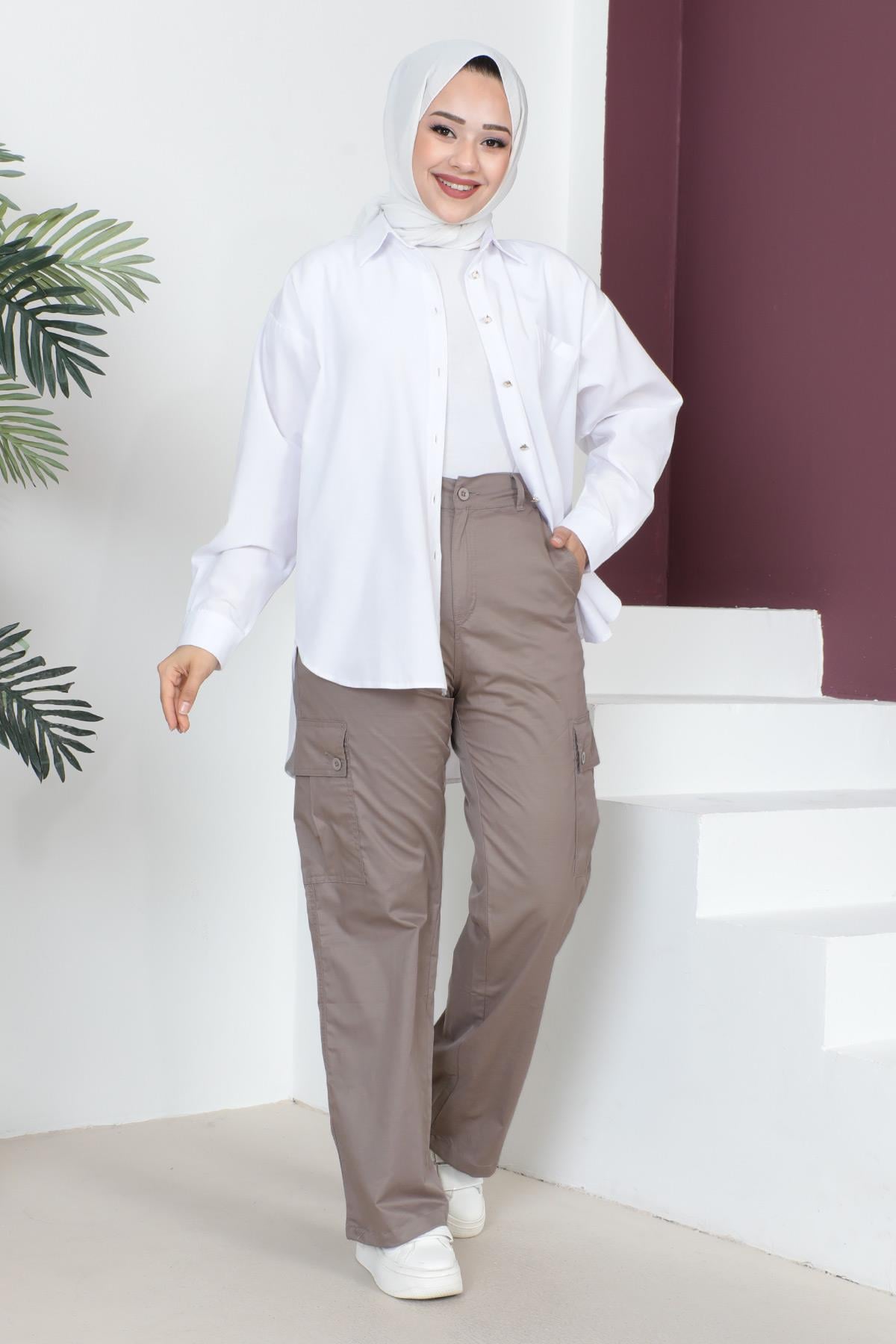 Beli Lastikli Bol Paça Pantolon Vizon 6071