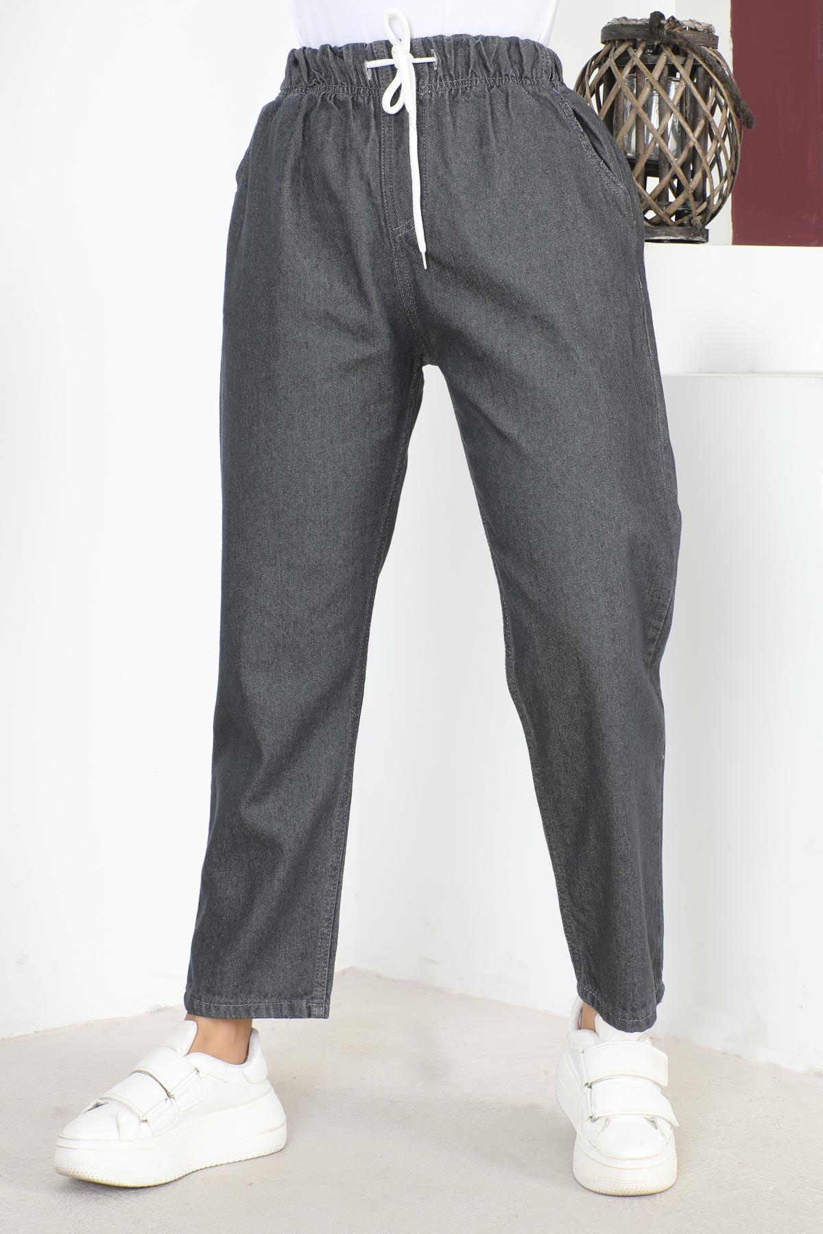 Beli Lastikli Boyfriend Kot Pantolon Gri 5998