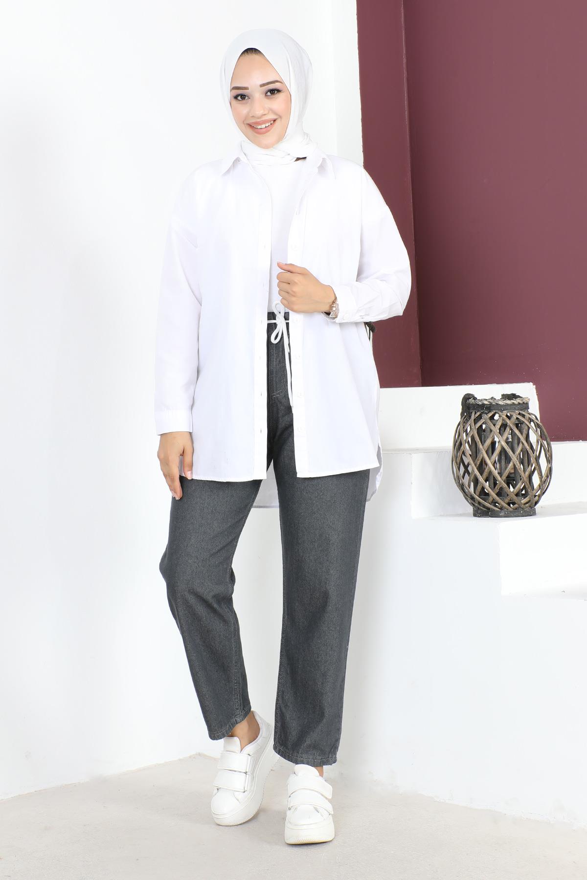 Beli Lastikli Boyfriend Kot Pantolon Gri 5998