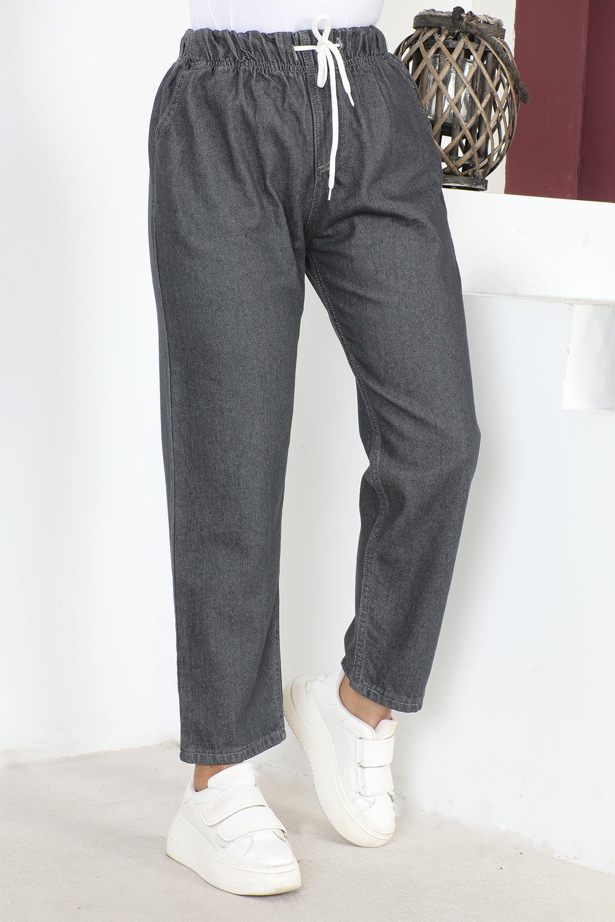 Beli Lastikli Boyfriend Kot Pantolon Gri 5998
