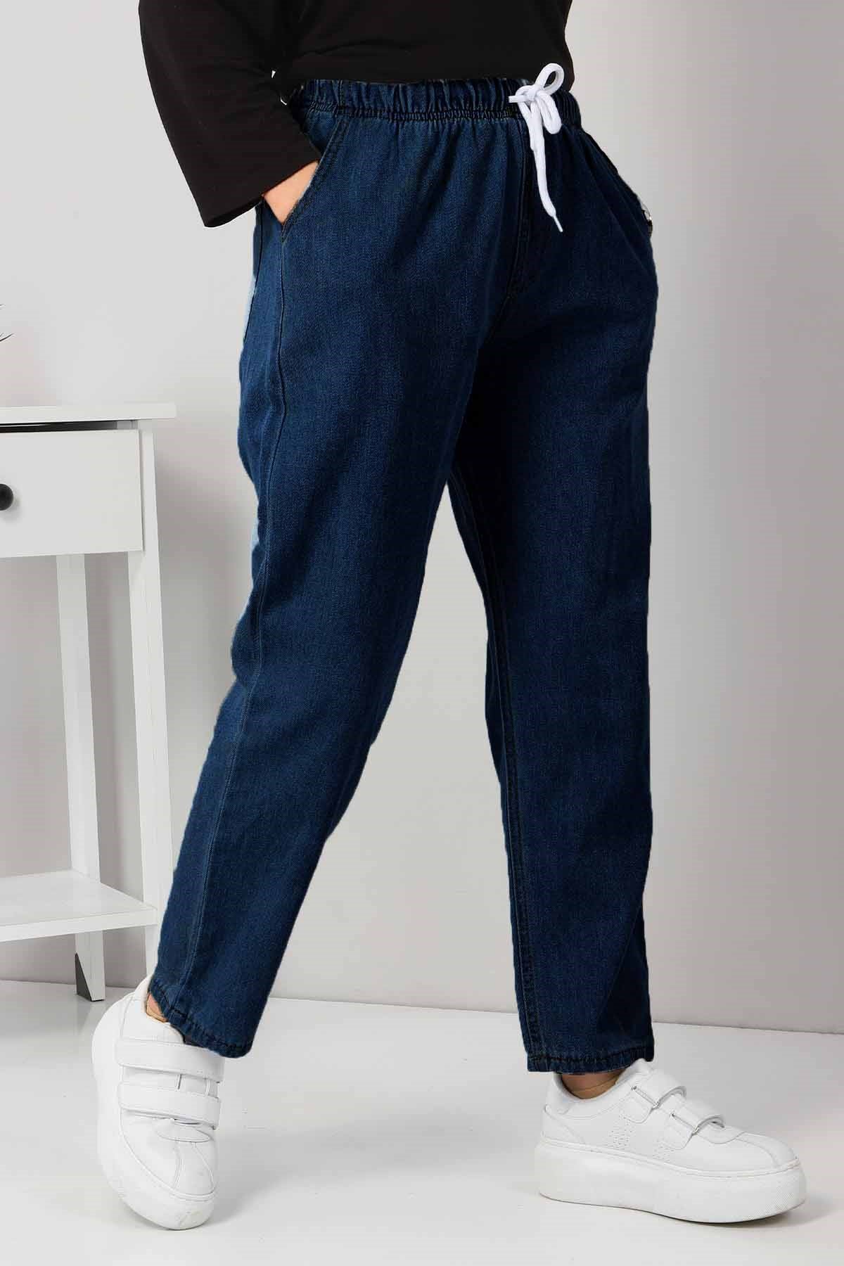 Beli Lastikli Boyfriend Kot Pantolon Koyu Kot 5998