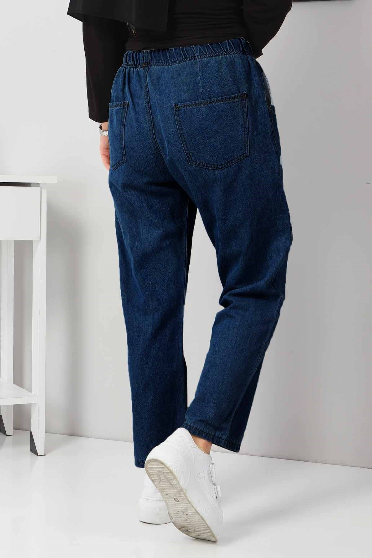 Beli Lastikli Boyfriend Kot Pantolon Koyu Kot 5998