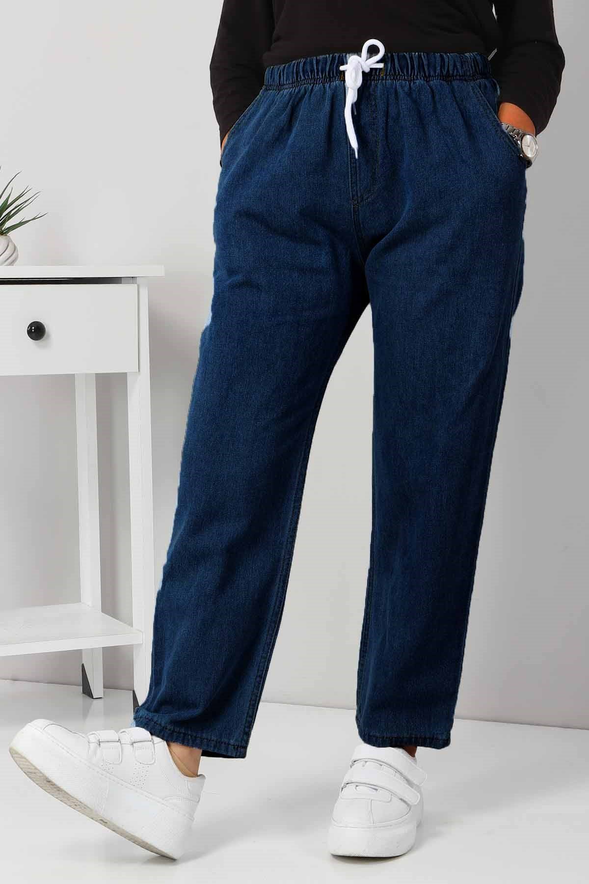 Beli Lastikli Boyfriend Kot Pantolon Koyu Kot 5998