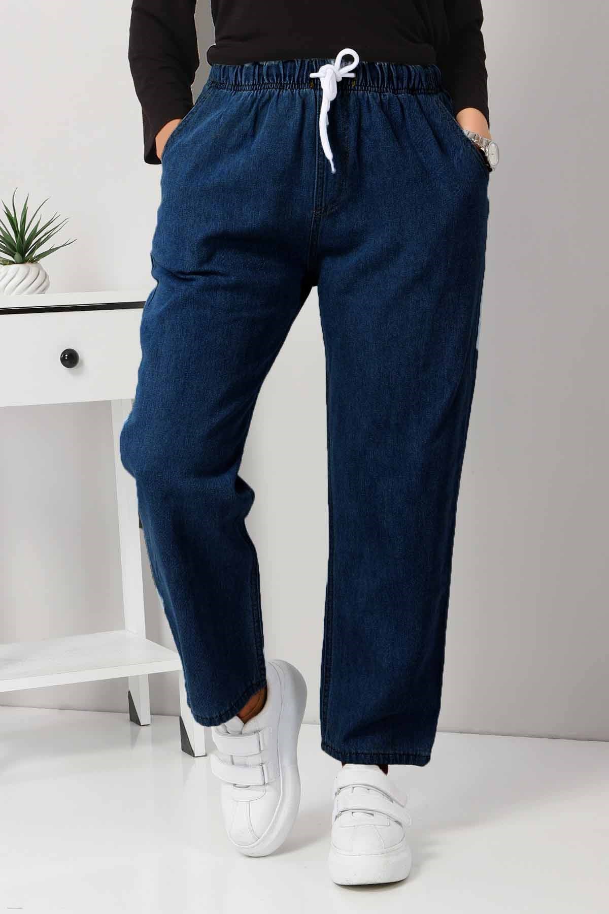 Beli Lastikli Boyfriend Kot Pantolon Koyu Kot 5998