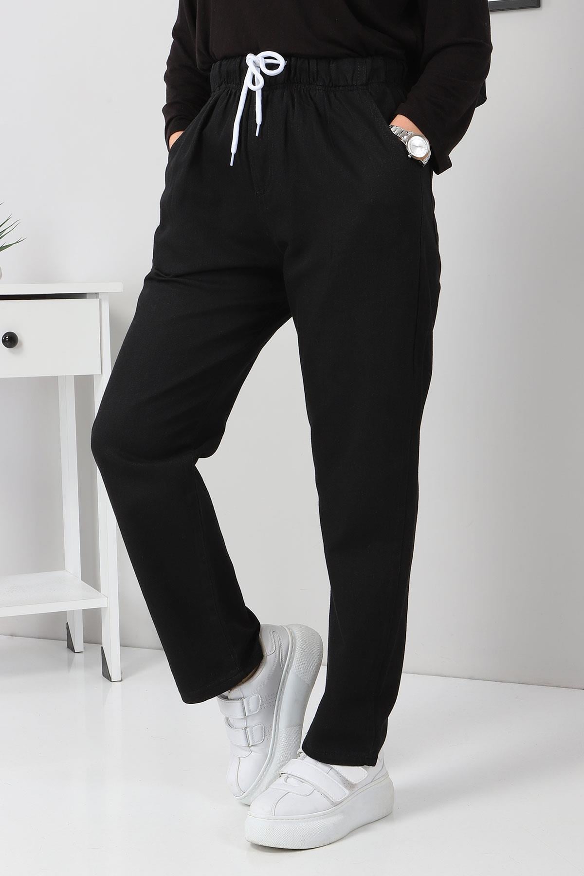Beli Lastikli Boyfriend Kot Pantolon Siyah 5998