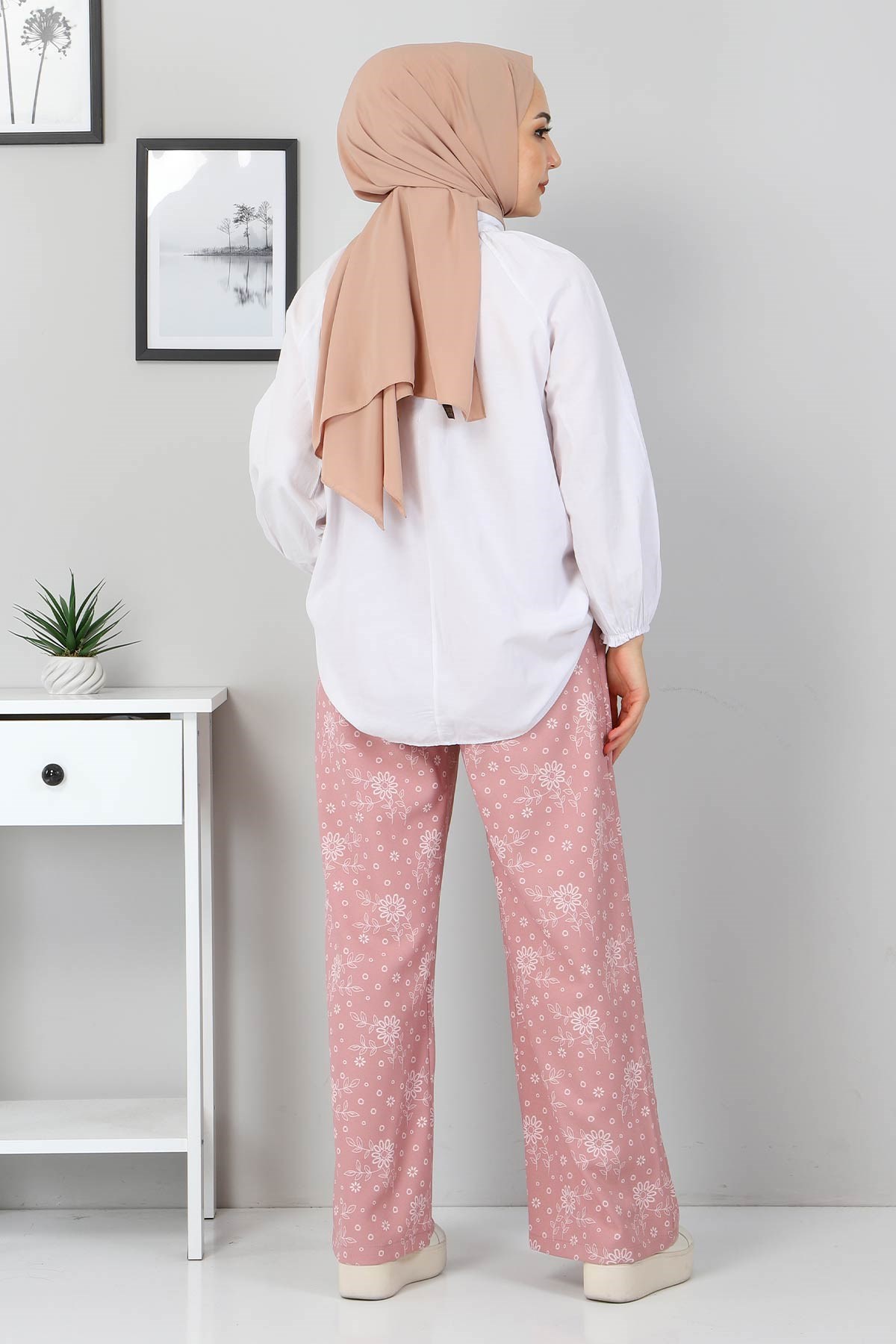 Beli Lastikli Çiçekli Pantolon Pudra 10779-4