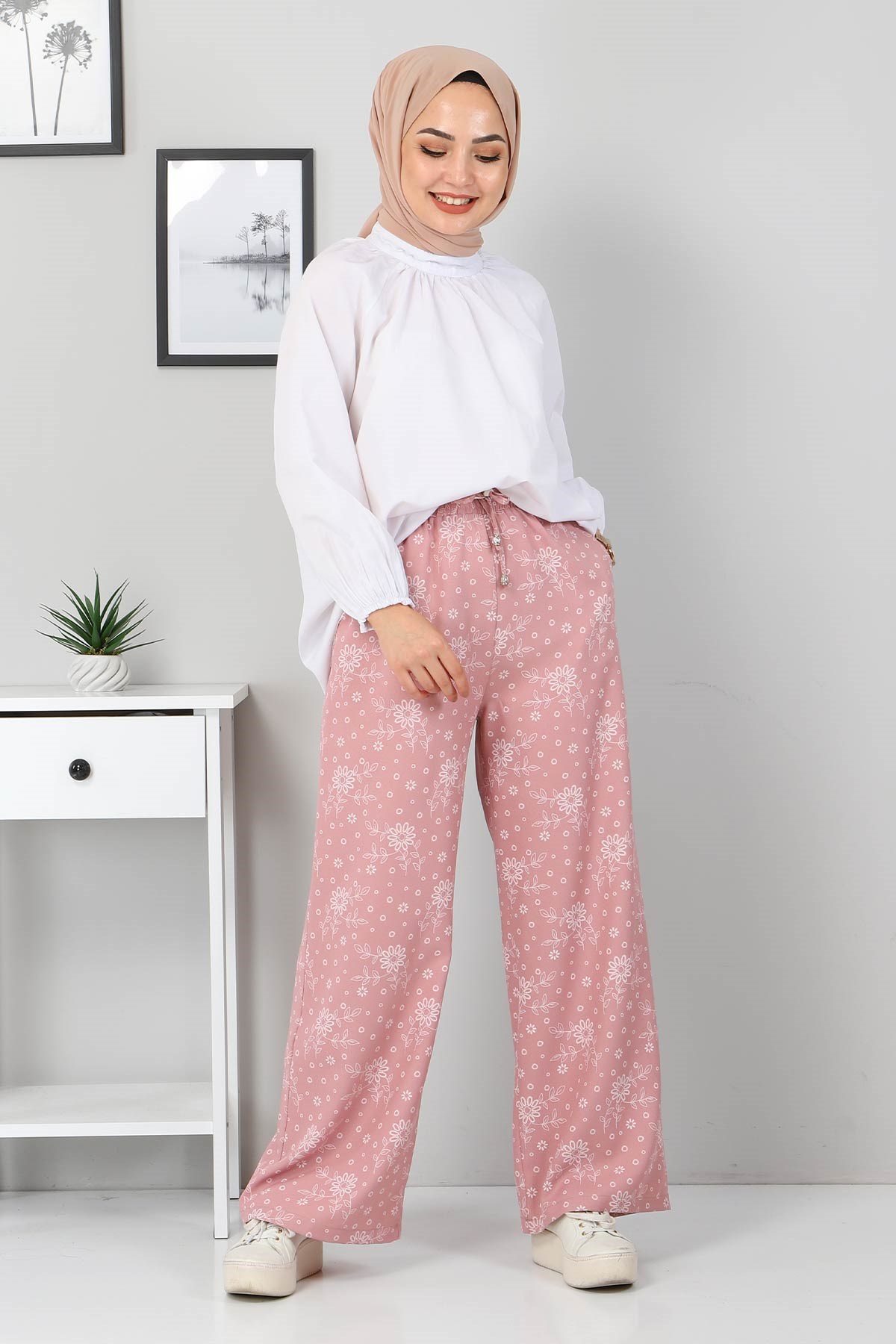 Beli Lastikli Çiçekli Pantolon Pudra 10779-4