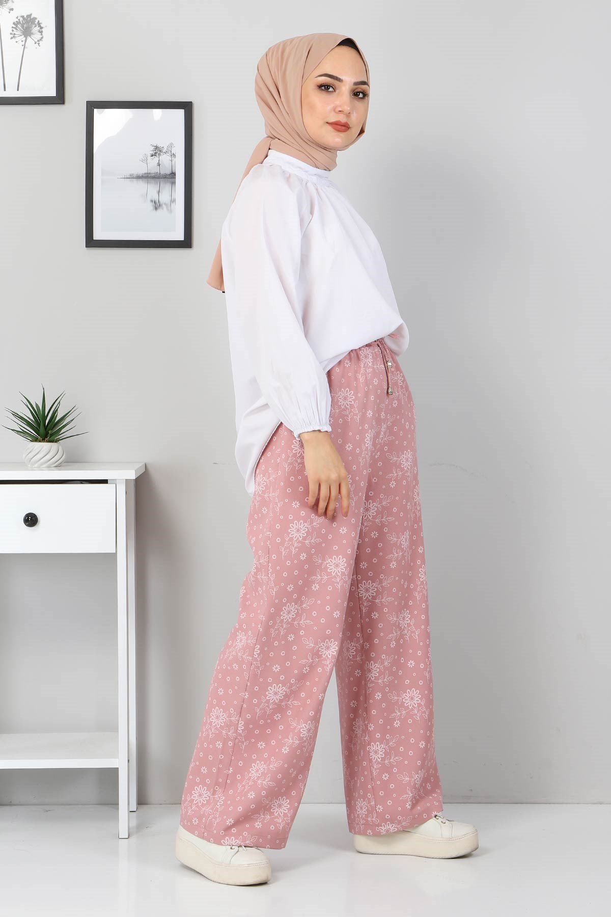 Beli Lastikli Çiçekli Pantolon Pudra 10779-4