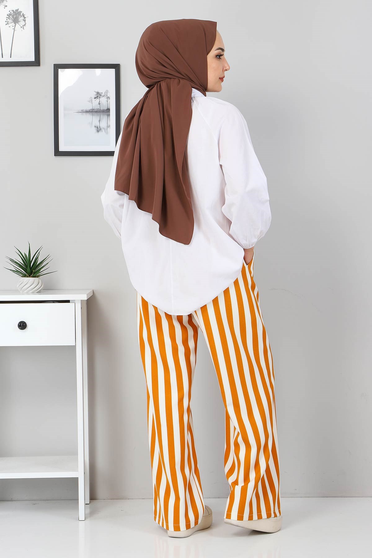 Beli Lastikli Çizgili Pantolon Hardal 10779