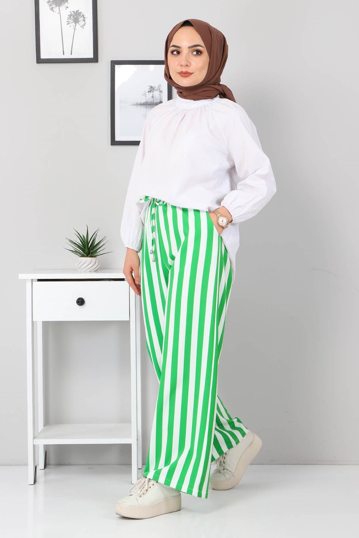Beli Lastikli Çizgili Pantolon Yeşil 10779