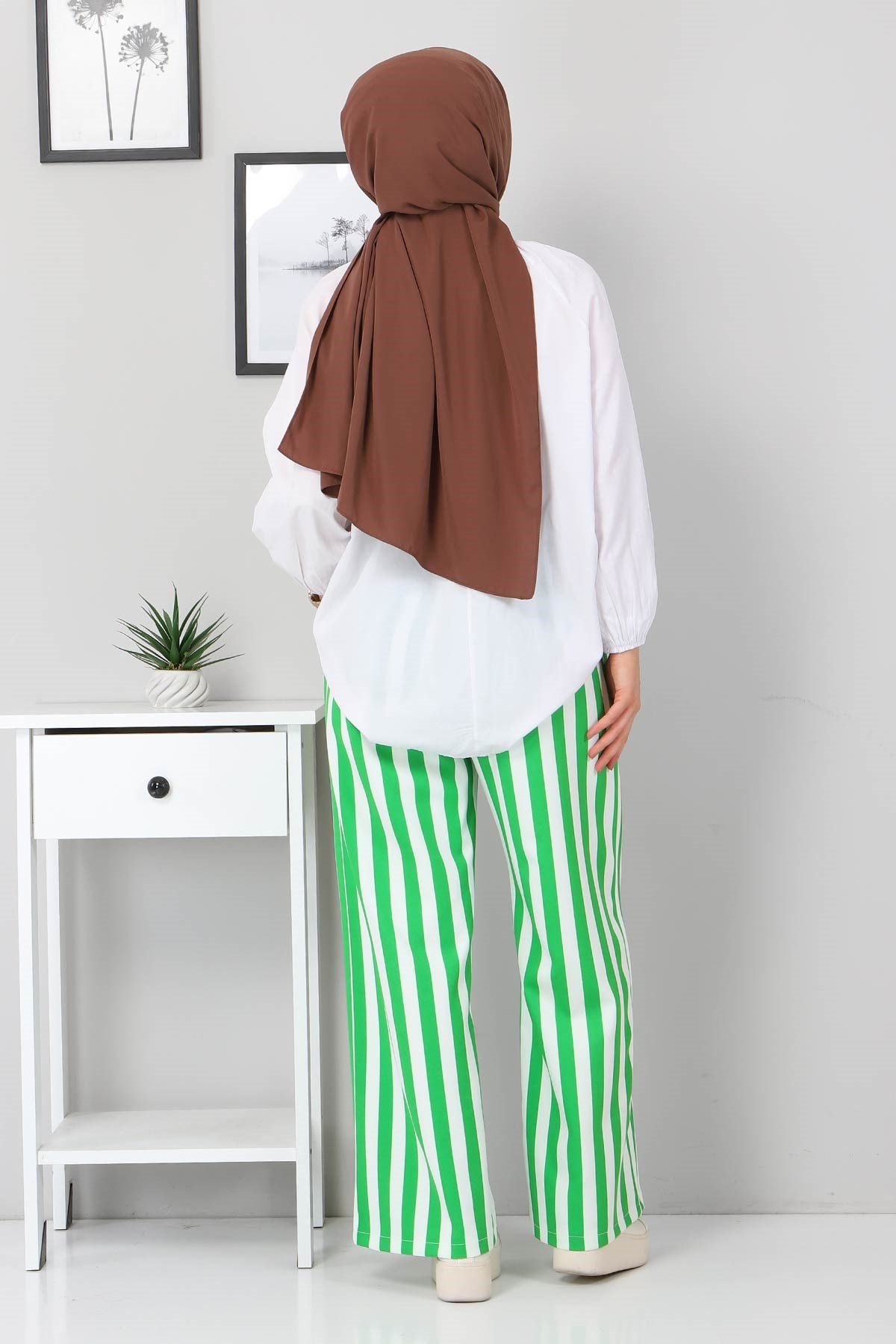 Beli Lastikli Çizgili Pantolon Yeşil 10779