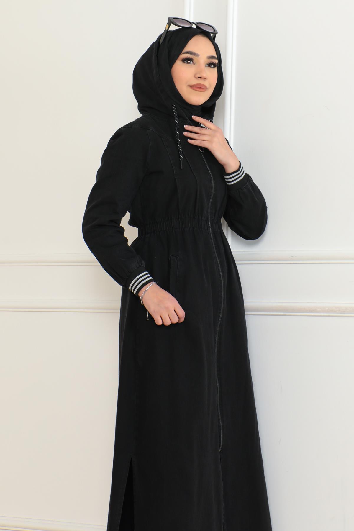 Beli Lastikli Kapşonlu Kot Takım Siyah 19362