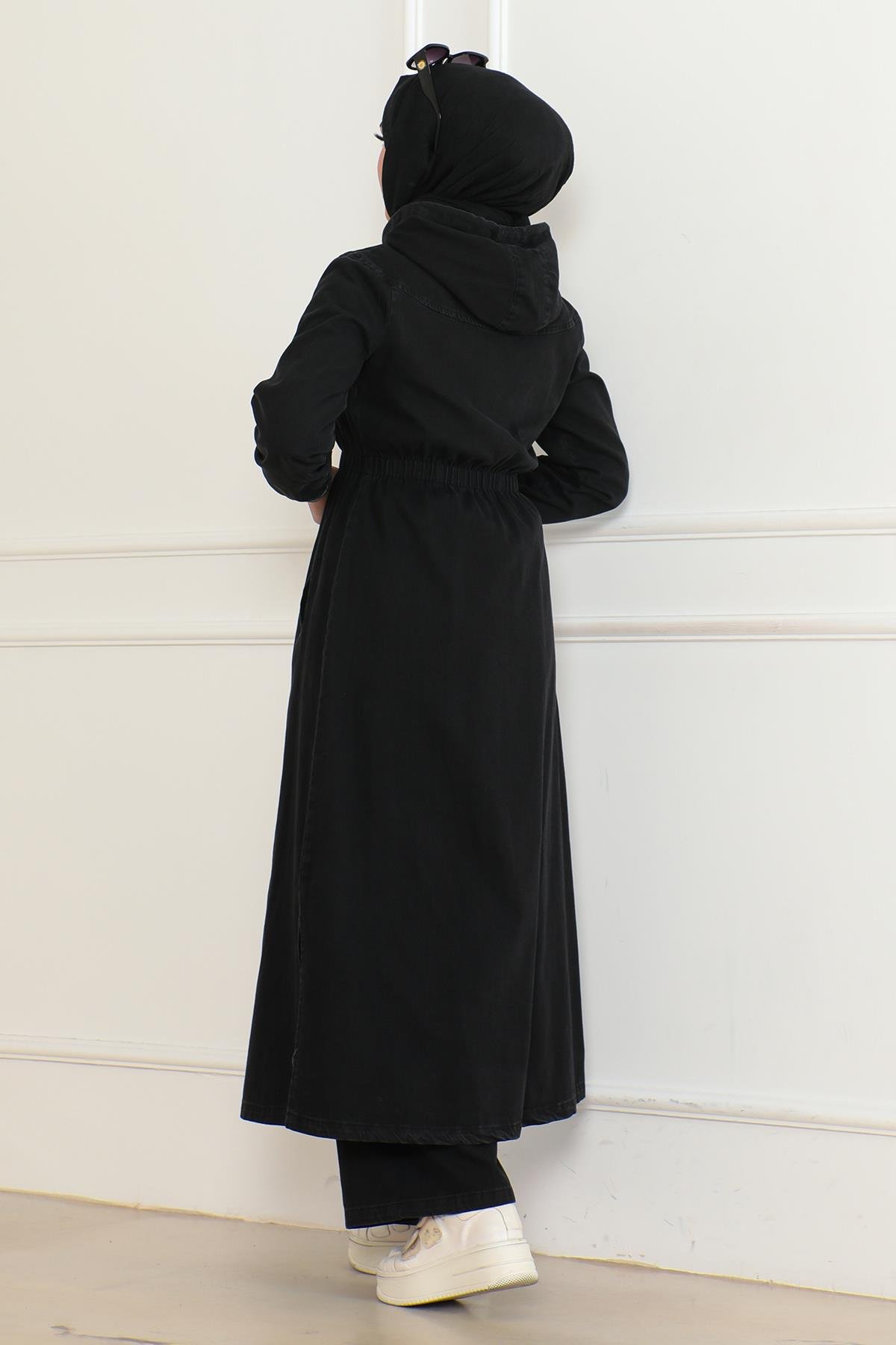 Beli Lastikli Kapşonlu Kot Takım Siyah 19362