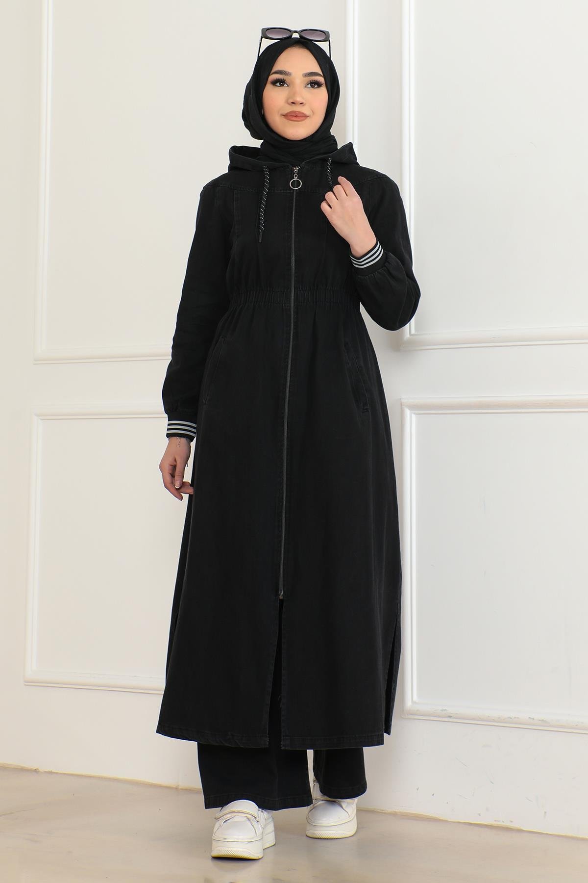 Beli Lastikli Kapşonlu Kot Takım Siyah 19362