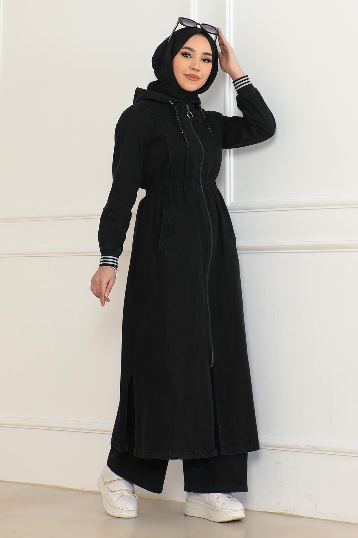 Beli Lastikli Kapşonlu Kot Takım Siyah 19362