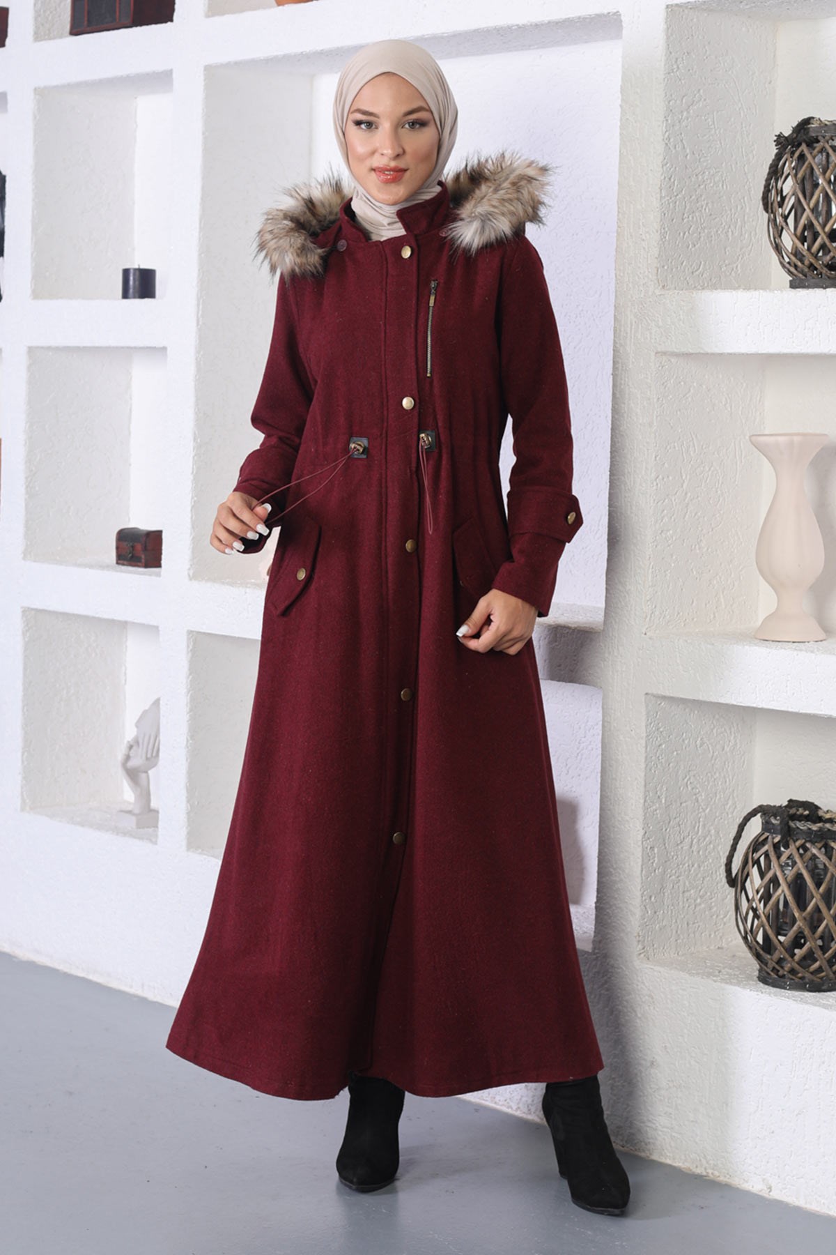 Beli Lastikli Kaşe Kaban Bordo 10391