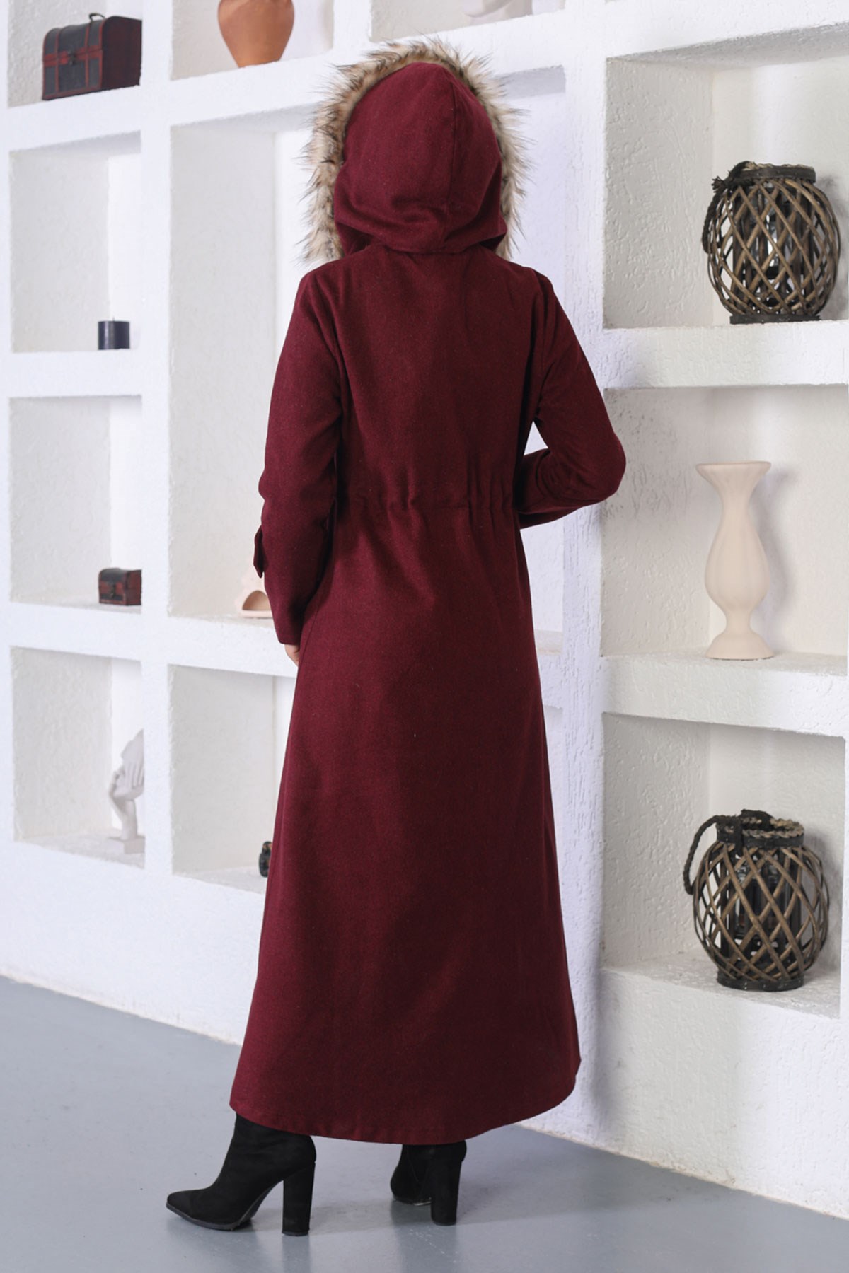 Beli Lastikli Kaşe Kaban Bordo 10391
