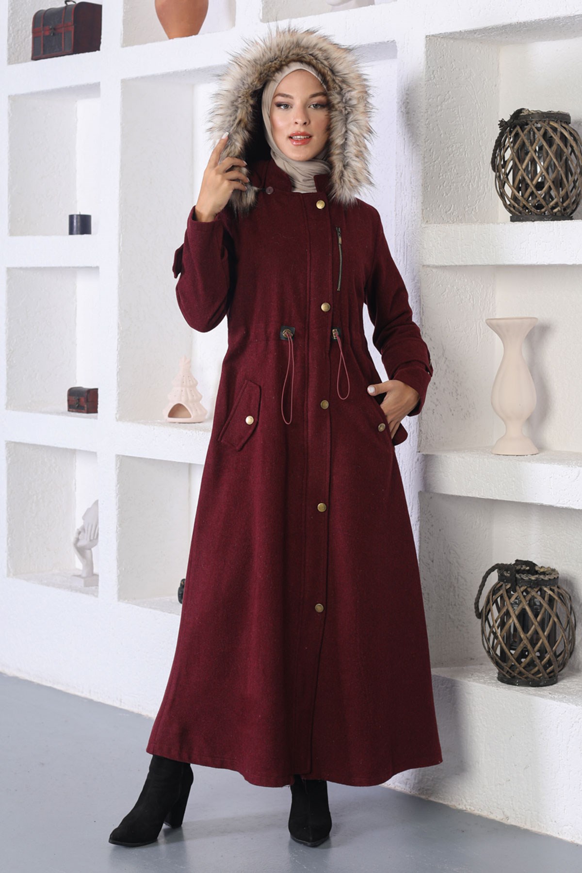 Beli Lastikli Kaşe Kaban Bordo 10391