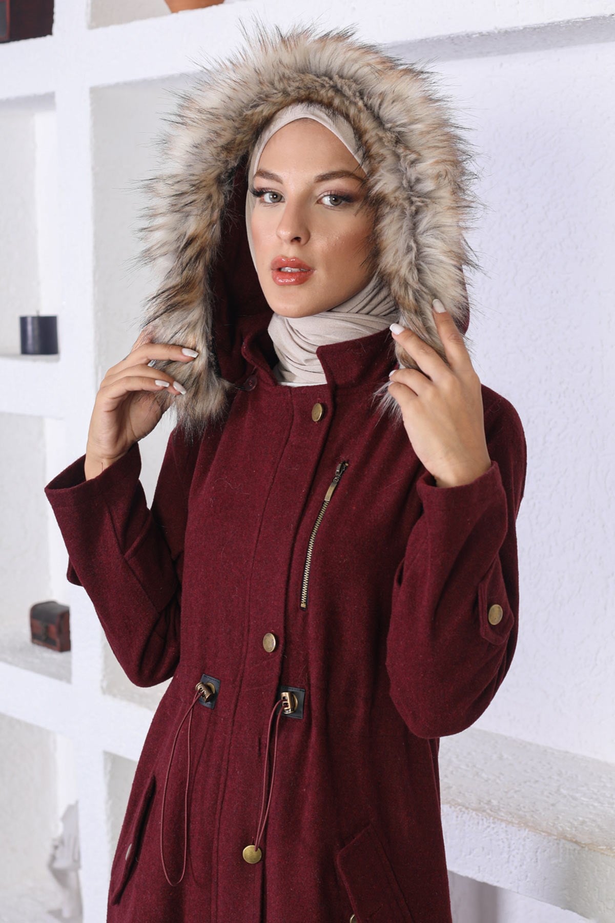 Beli Lastikli Kaşe Kaban Bordo 10391