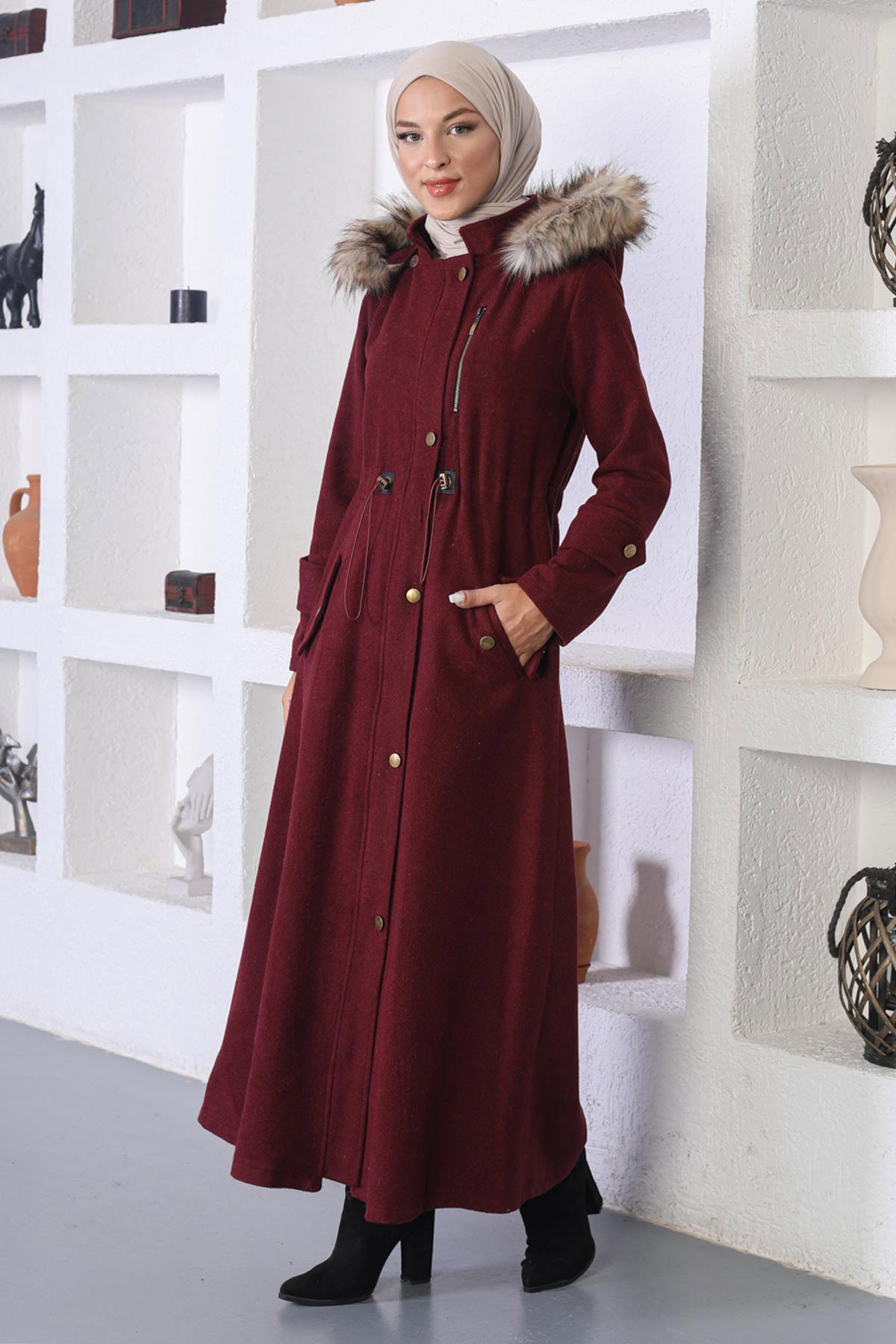Beli Lastikli Kaşe Kaban Bordo 10391